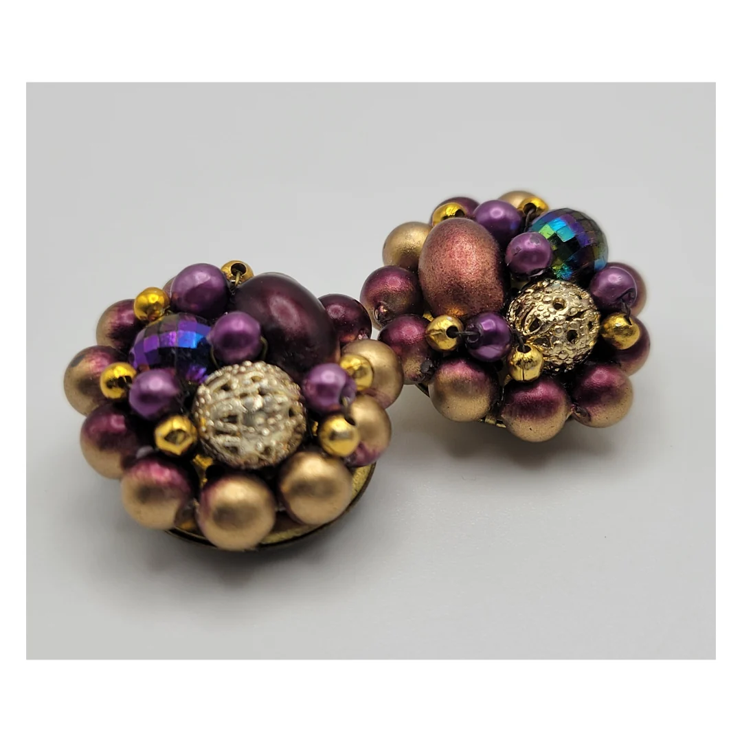 40s/50s Gold And Plum Beaded Cluster Earrings - Image 6