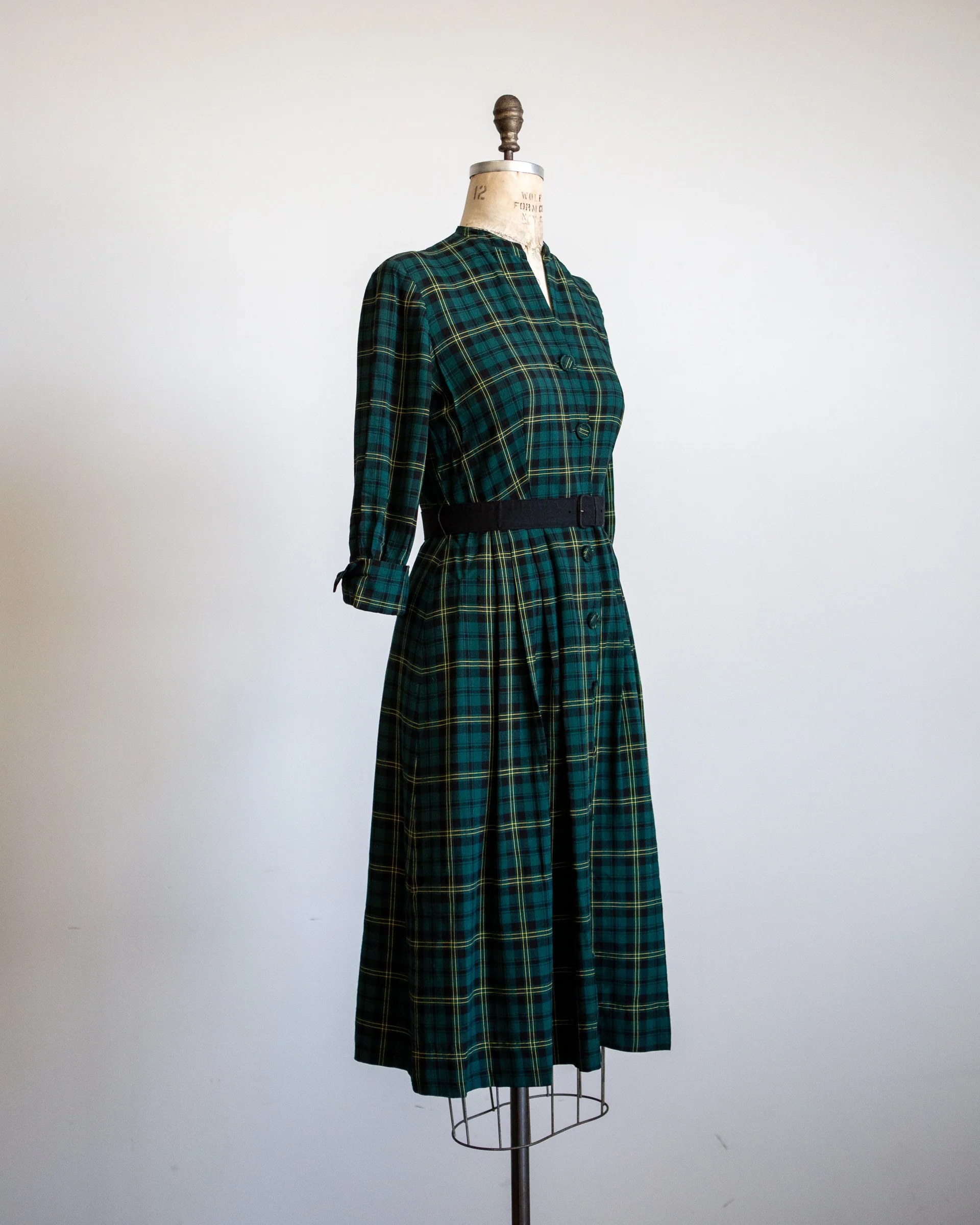 40s/50s Homemade Green Plaid Wool Button Dress - Image 7