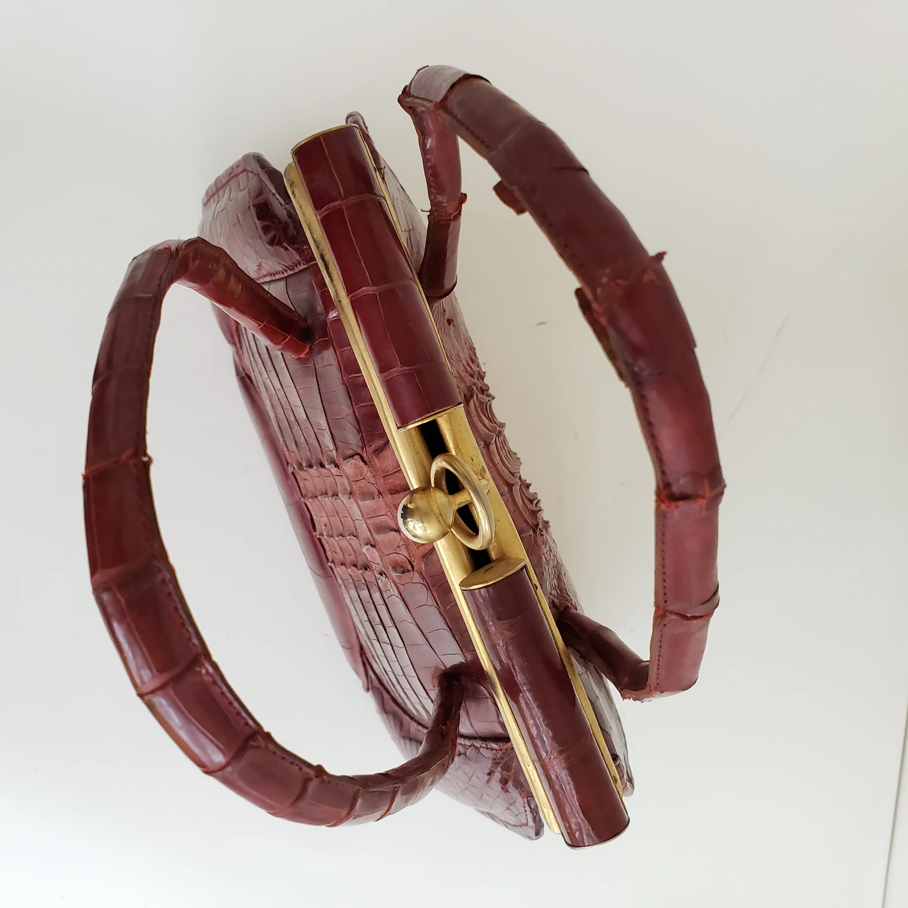 40s/50s Leather Alligator Skin Top Handle Handbag - Image 7