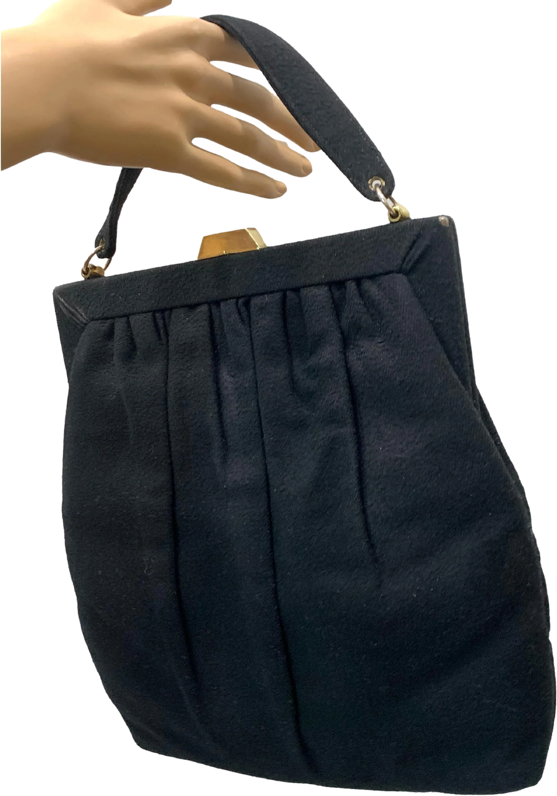 40s/50s Long Vertical Black Wool Pleat Top Handle Bag By Ingber