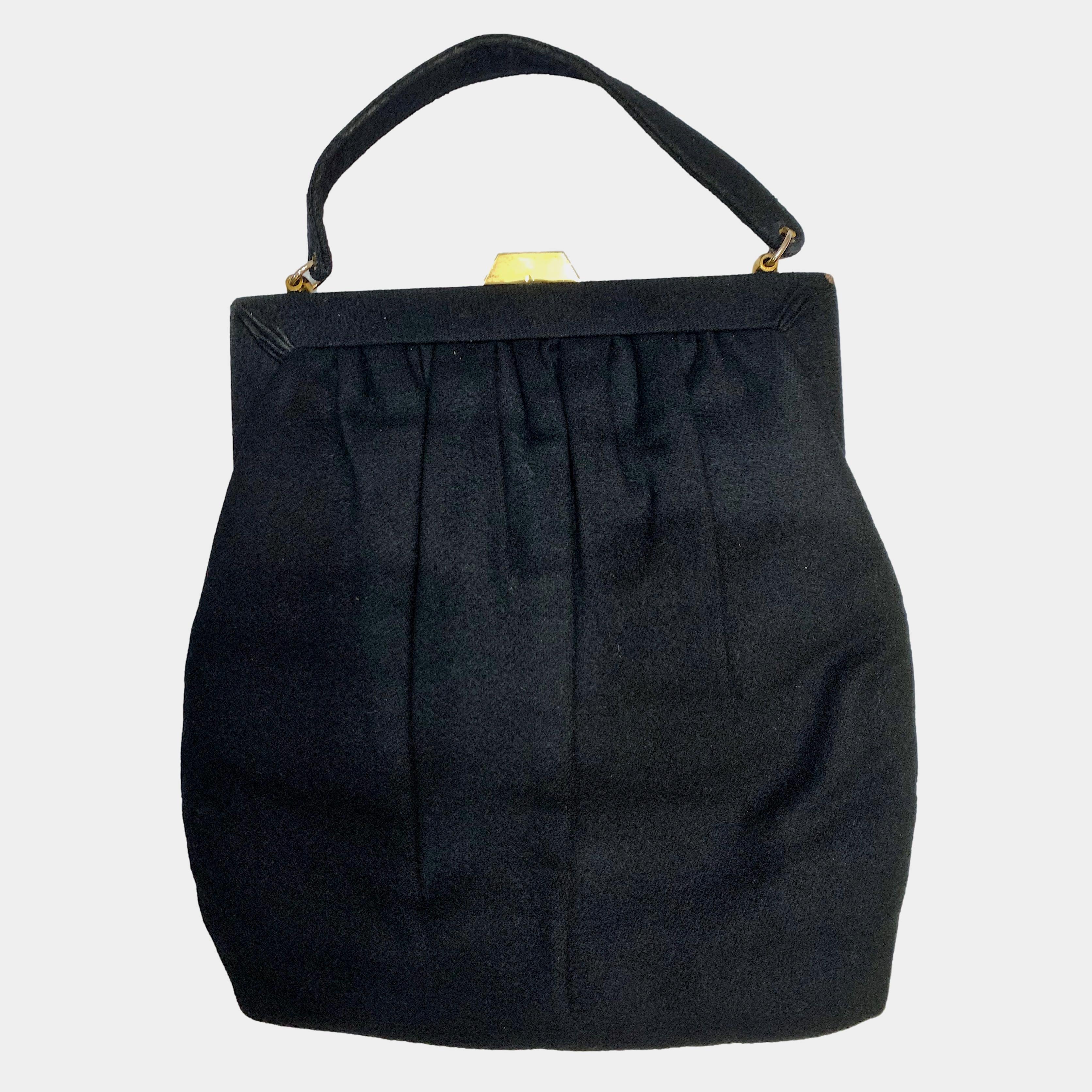 40s/50s Long Vertical Black Wool Pleat Top Handle Bag By Ingber - Image 3