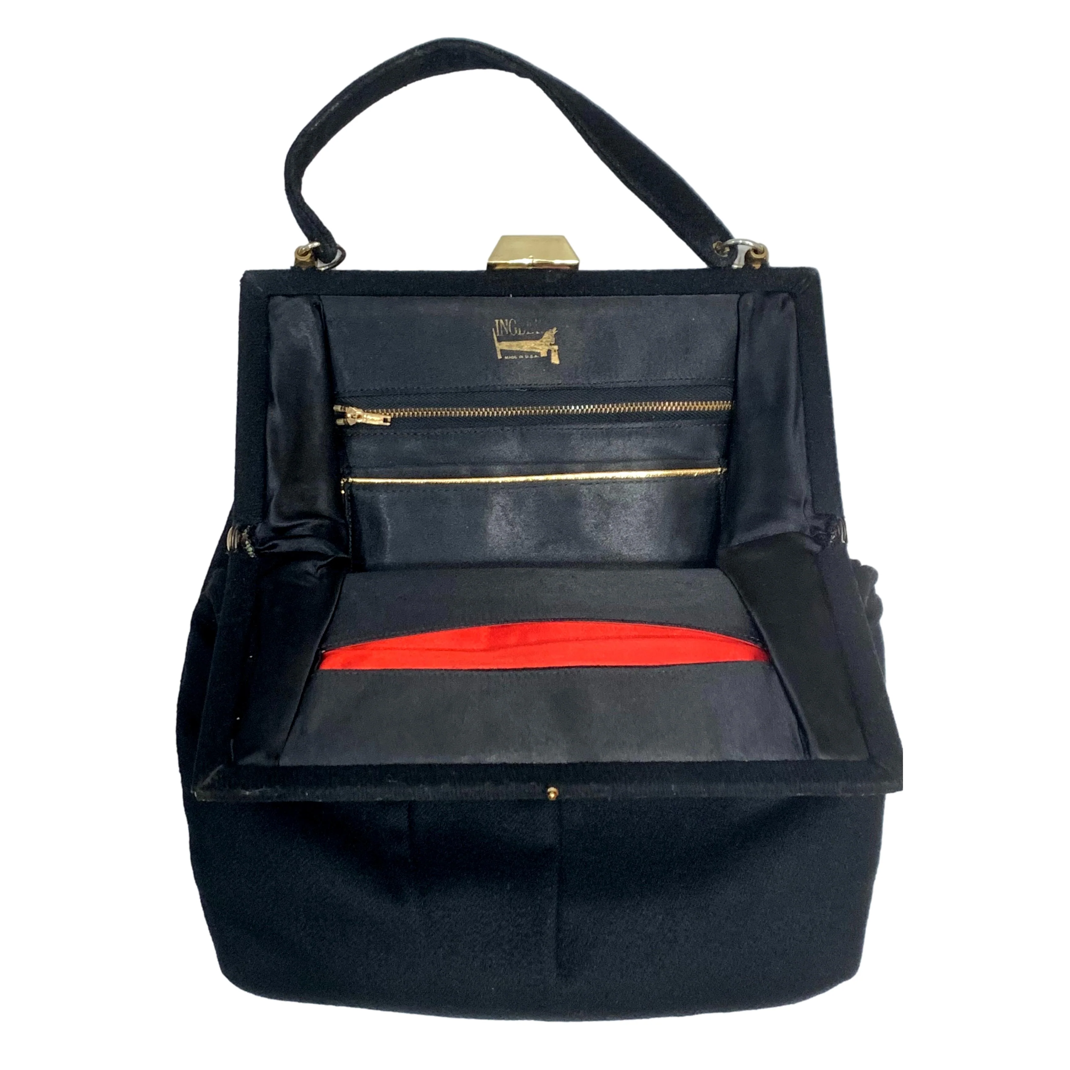 40s/50s Long Vertical Black Wool Pleat Top Handle Bag By Ingber - Image 5