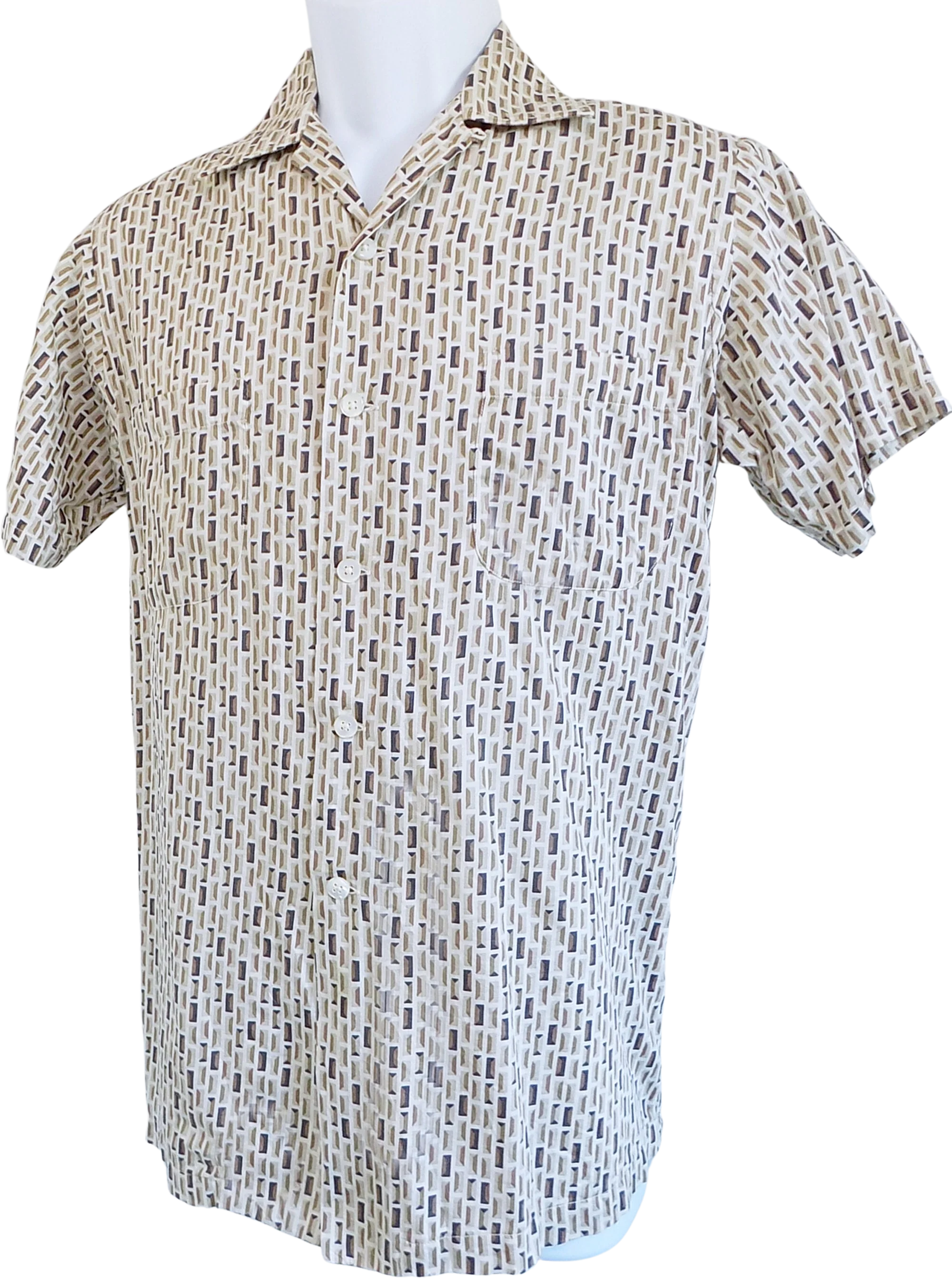40s 50s Loop Collar Short Sleeved Cotton Shirt Harry Allenfall Deluth Tile Novelty Print Small Brown White French by Harry Allenfall Deluth