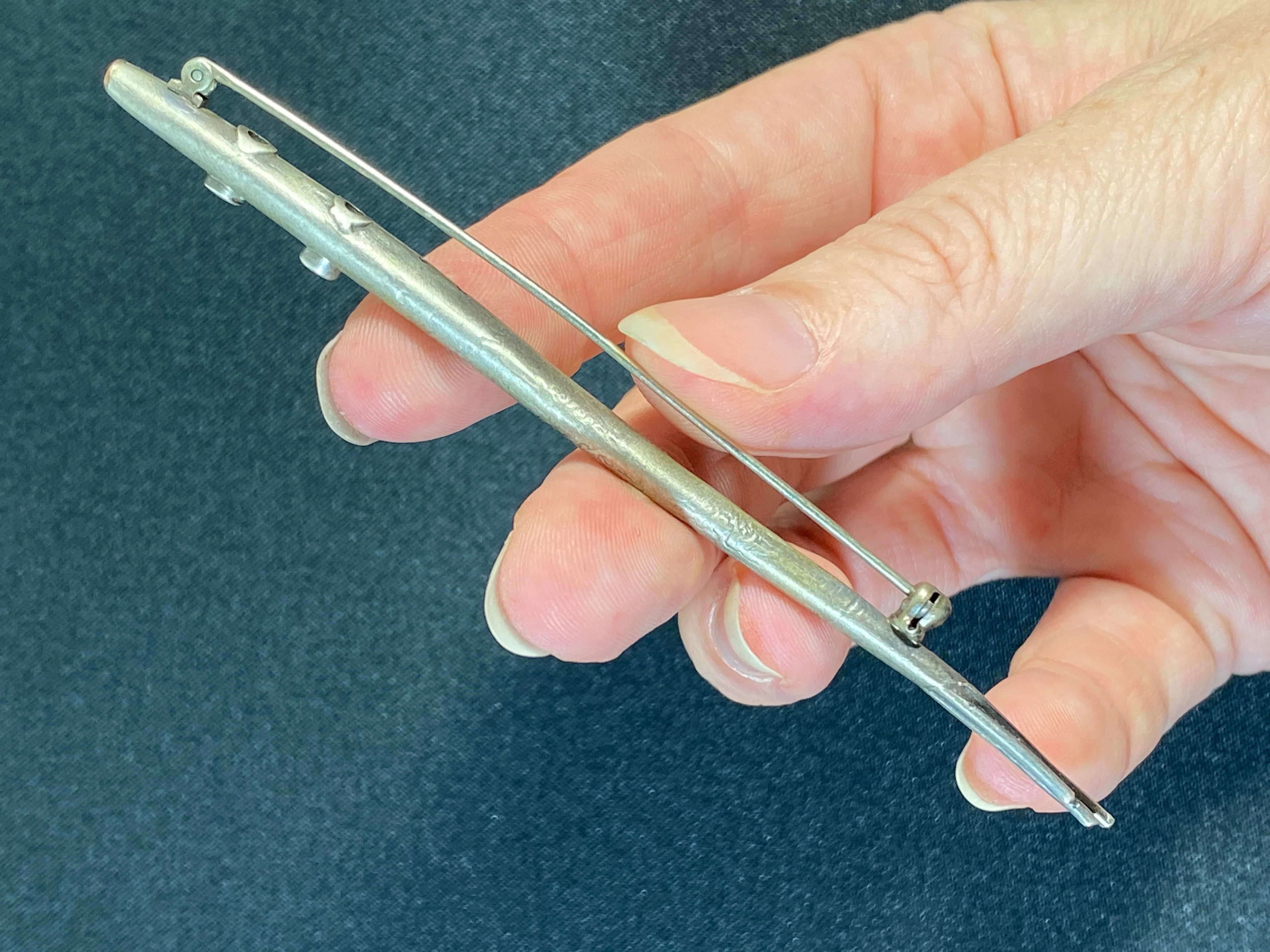 40s/50s Modernist Style Silver Metal Flute Or Fish ? Pin - Image 3