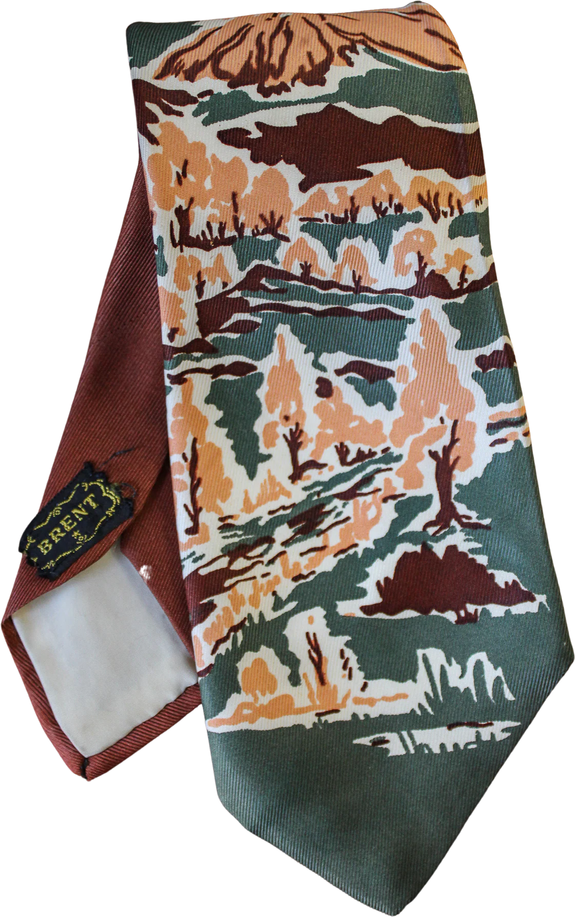 40s/50s Mountain Themed Brown Pink And Green Tie By Brent