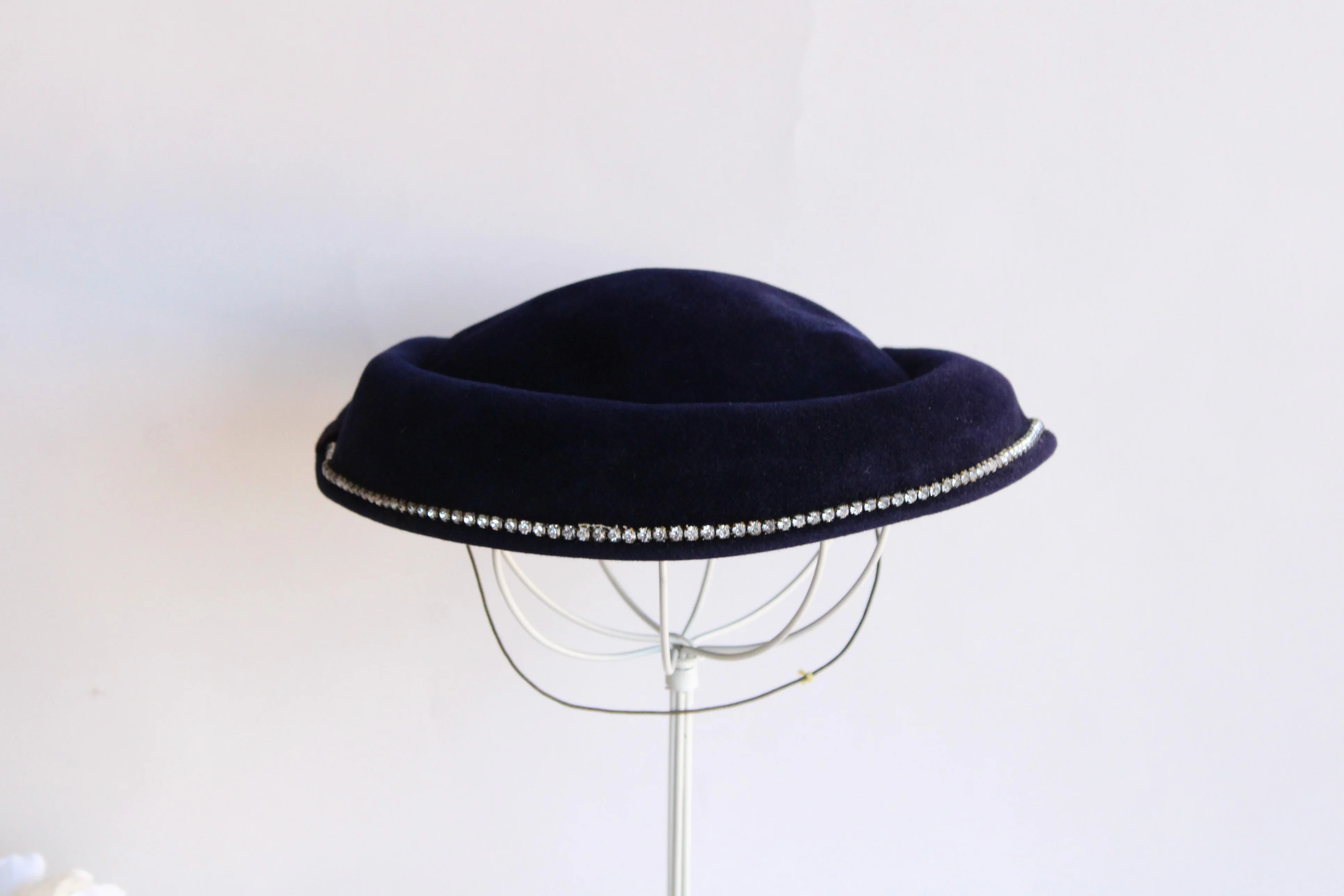40s/50s Navy Blue Hat With Rhinestone Trim By Merrimac - Image 3