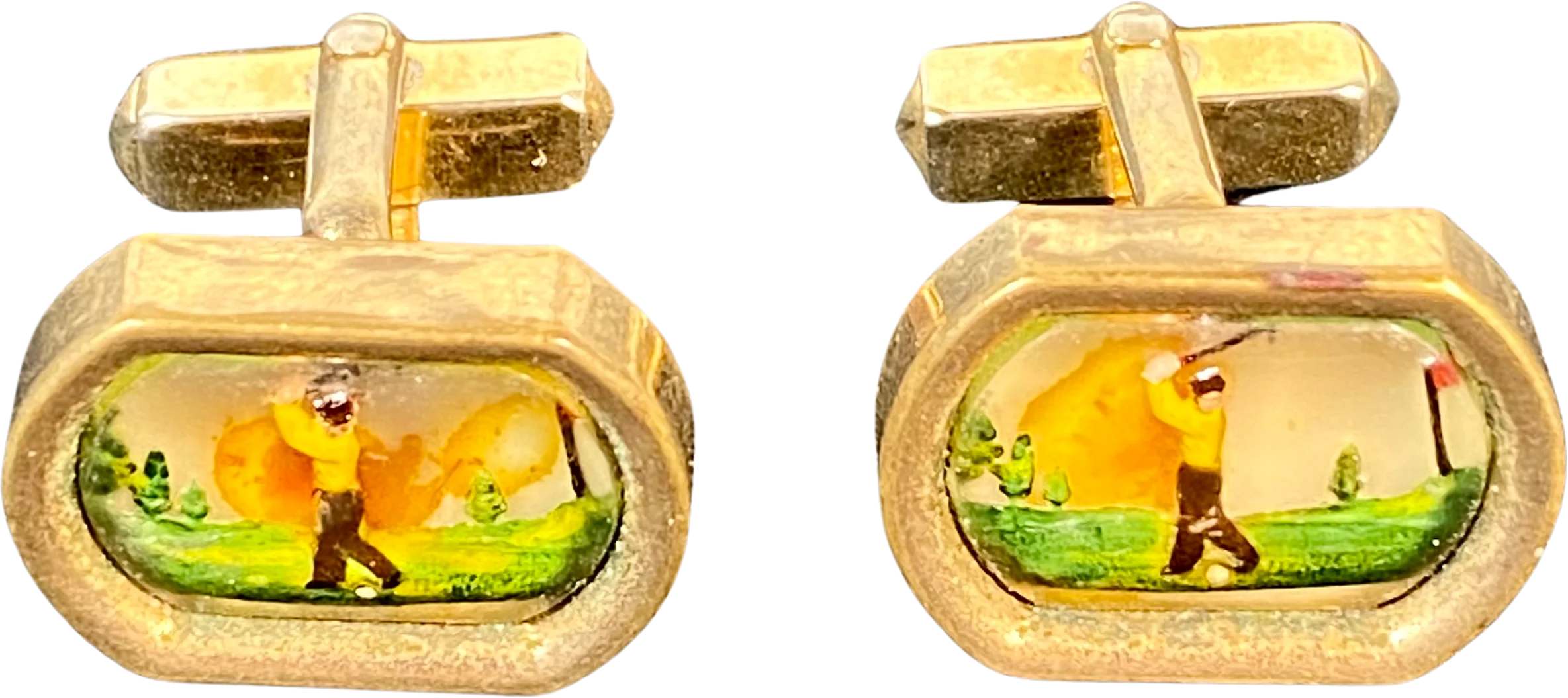 40s/50s Novelty Reverse-painted Golf Golfer Cufflinks By Swank