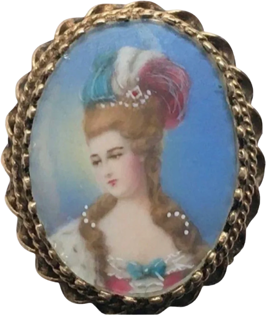 40s/50s Portrait Pendant Brooch Of Fine Lady In 14k Yg By Hand Painted