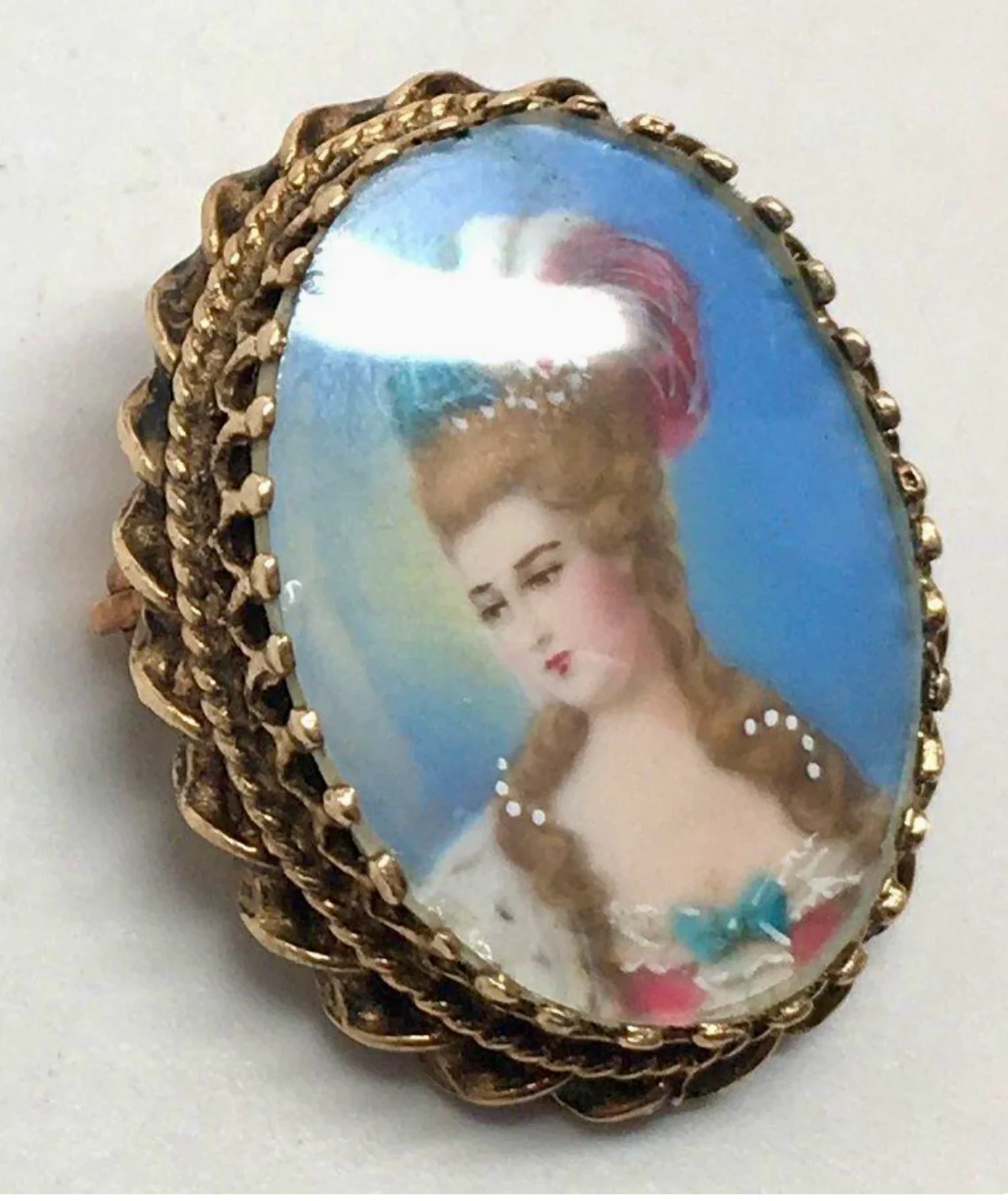40s/50s Portrait Pendant Brooch Of Fine Lady In 14k Yg By Hand Painted - Image 5