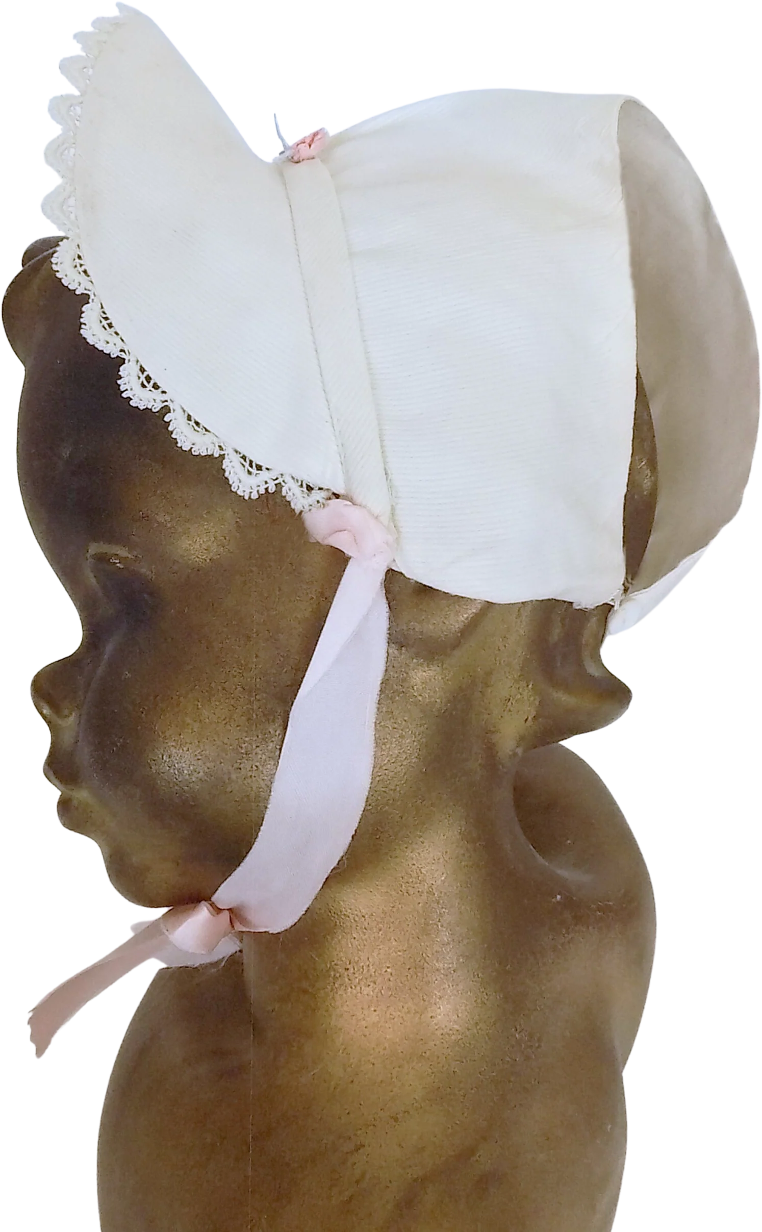 40s-50s Rare White Cotton Baby Bonnet with Pink Satin Tie Pearl Buttons and Pink Rose Doll Bear Baby