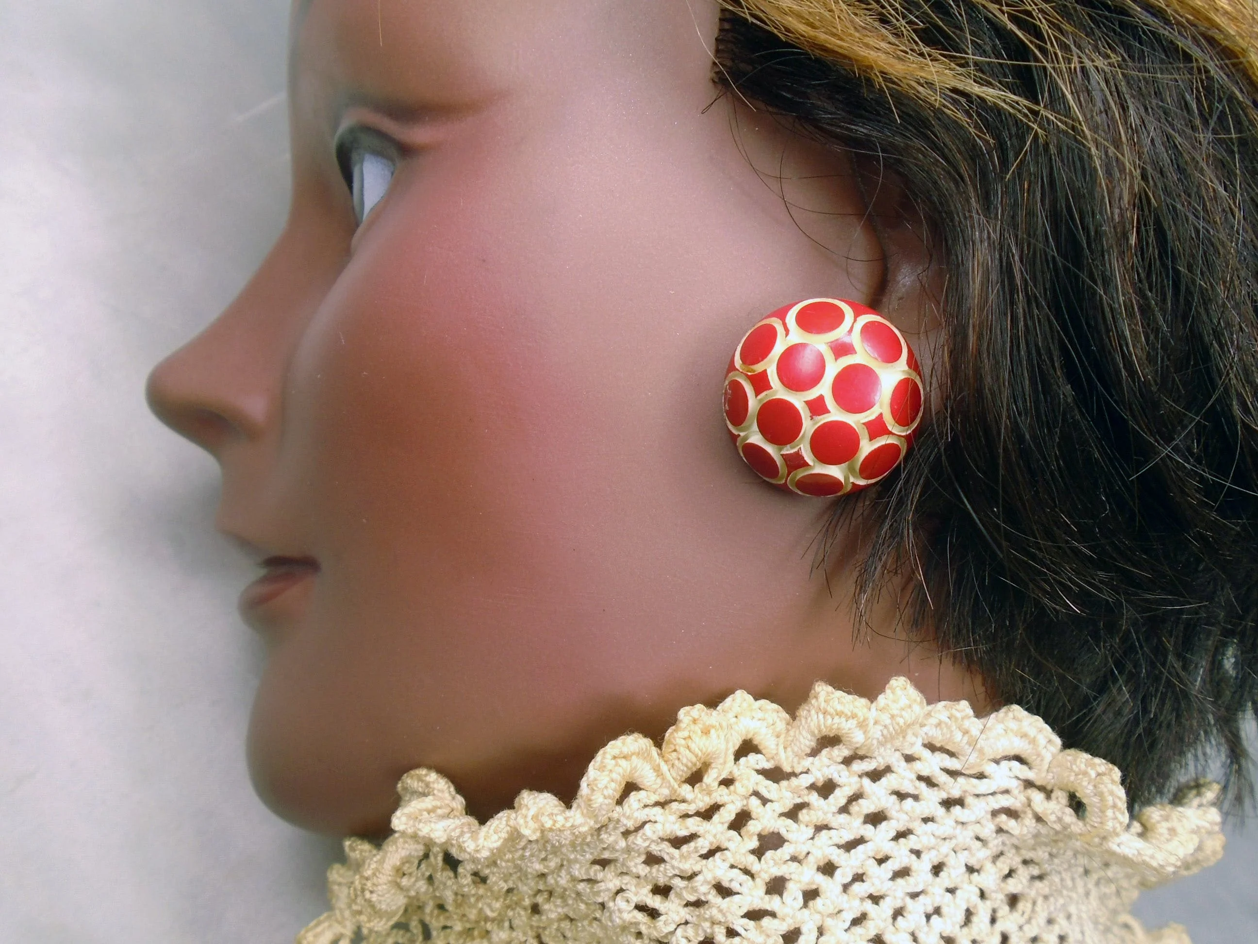 40s/50s Red White Vegetable Ivory Clip Earrings Restored