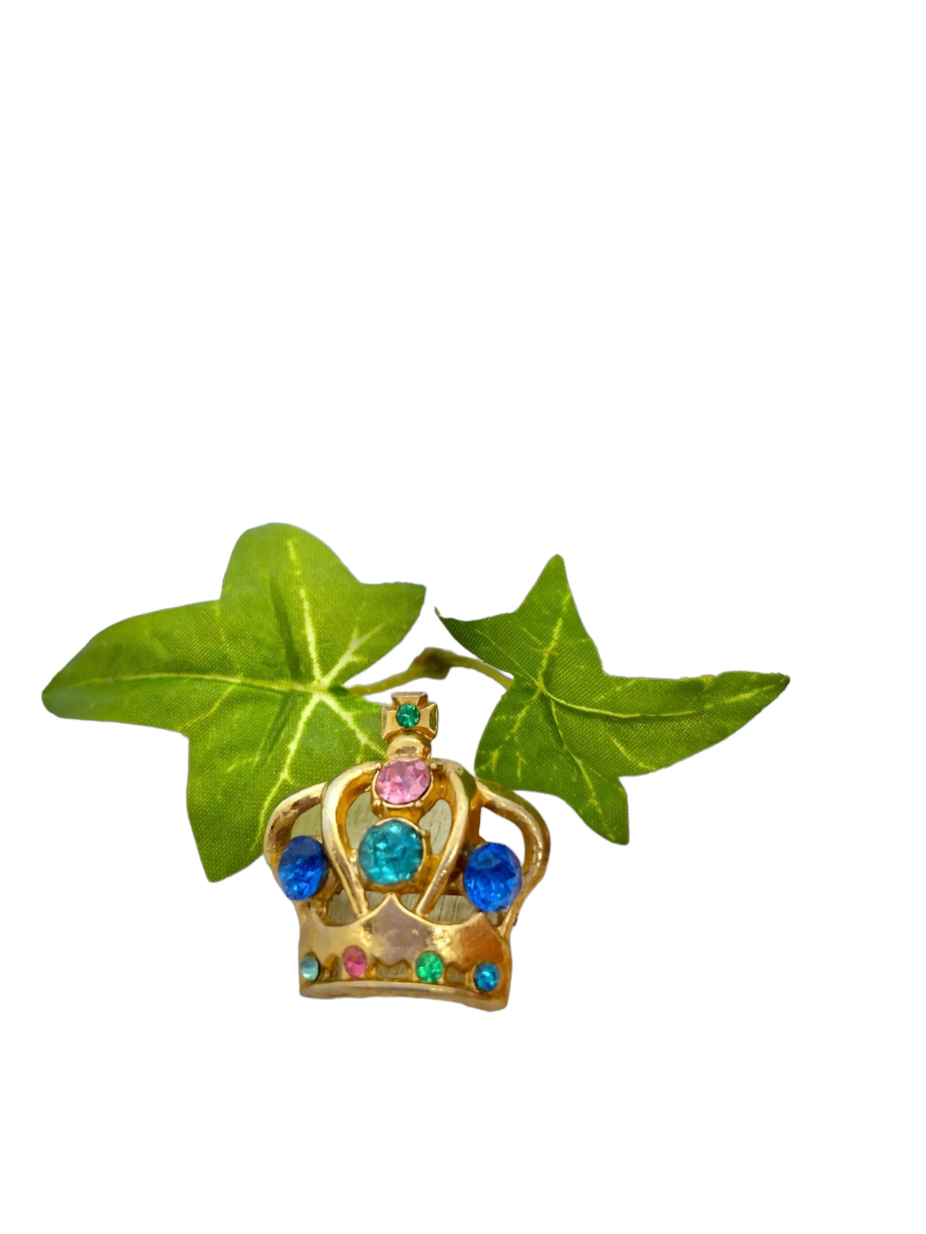 40s/50s Rhinestone Crown Brooch Pin Emerald Green Pink - Image 11