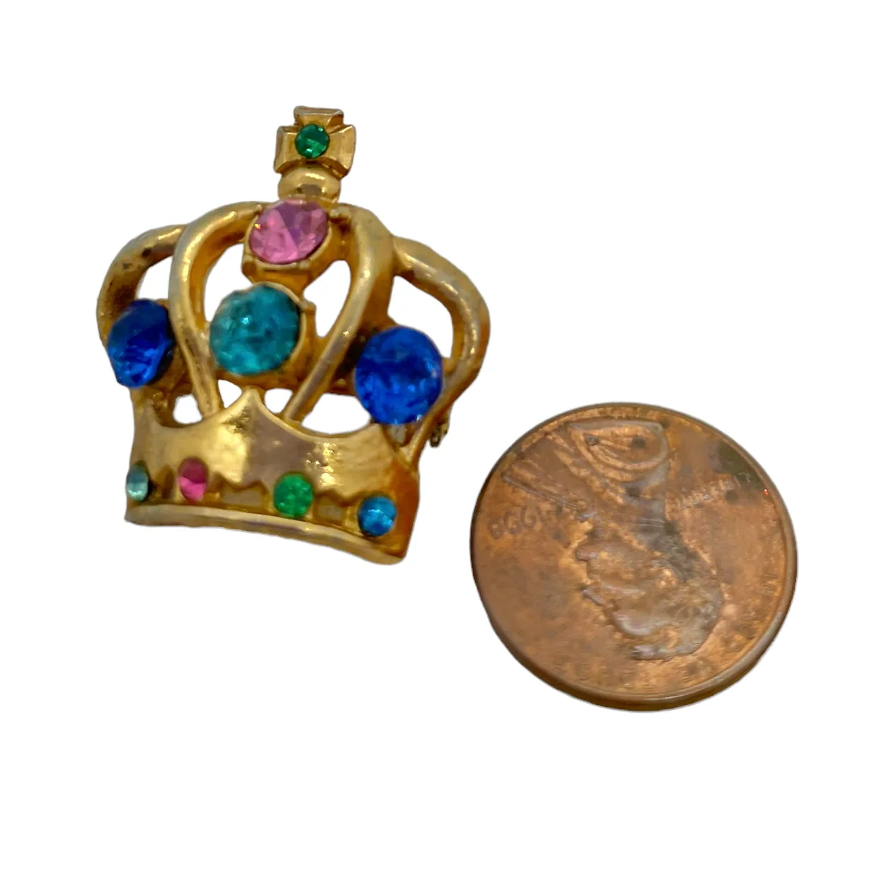 40s/50s Rhinestone Crown Brooch Pin Emerald Green Pink - Image 9