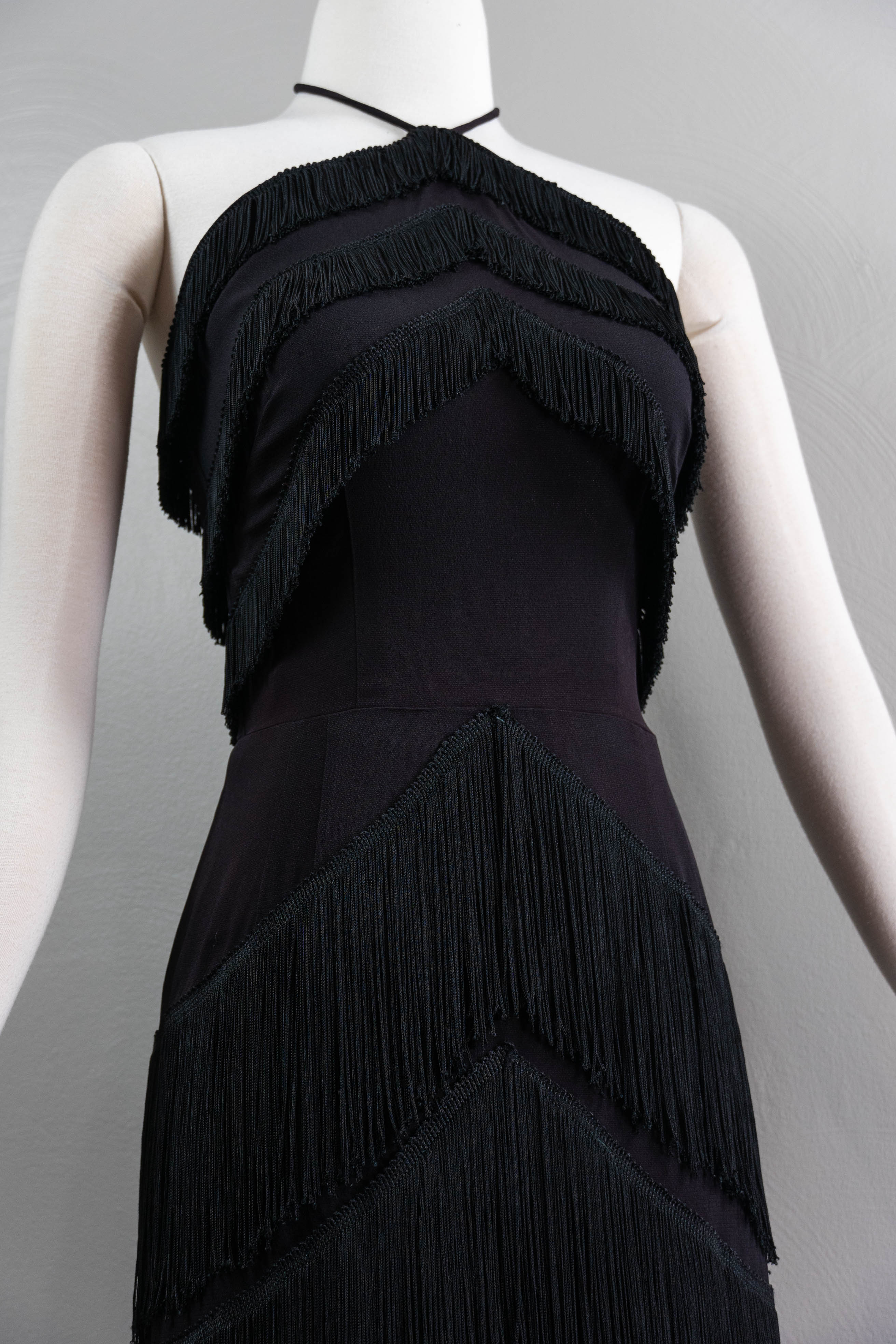 40s/50s Timeless Little Black Fringe Dress Halter Neckline - Image 3