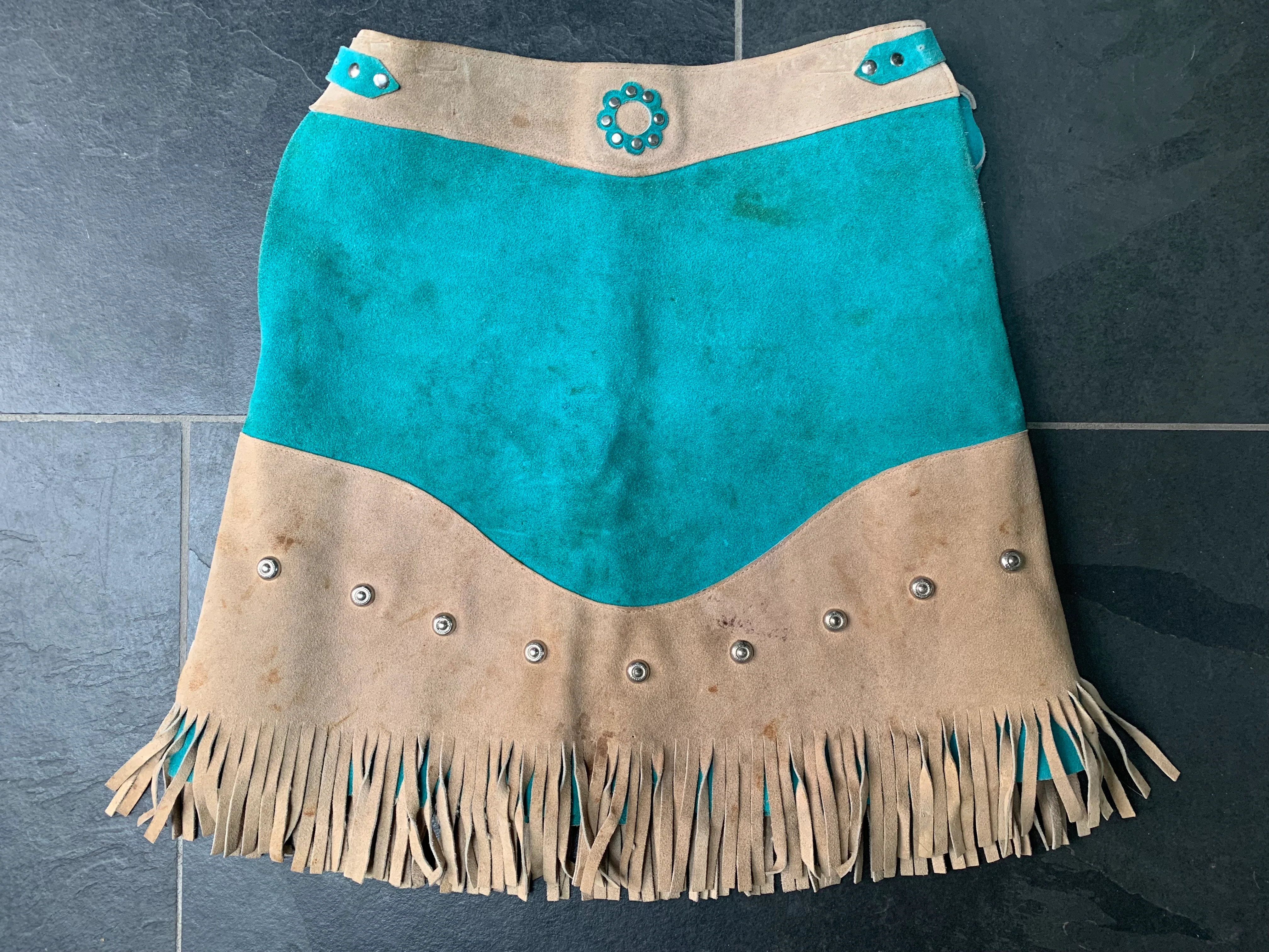 40s/50s Turquoise Beige Suede Cowgirl Skirt Vest Costume By Lasso'em Bill Keystone Bros - Image 5