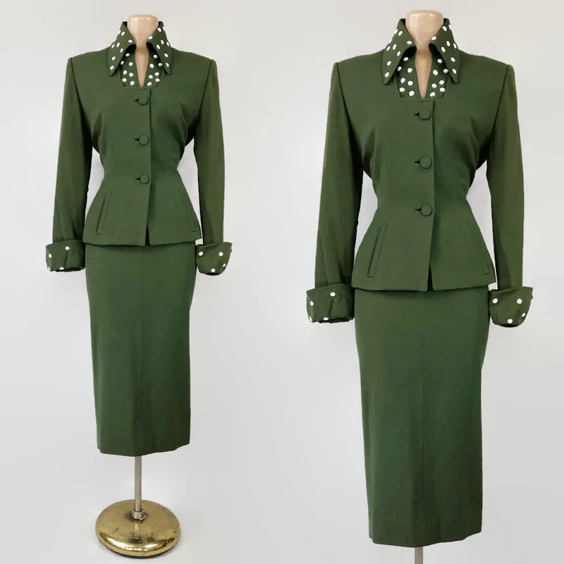 40s/50s Reserved- Vintage Wool Green Beaded Skirt Suit By Lilli Ann - Image 4