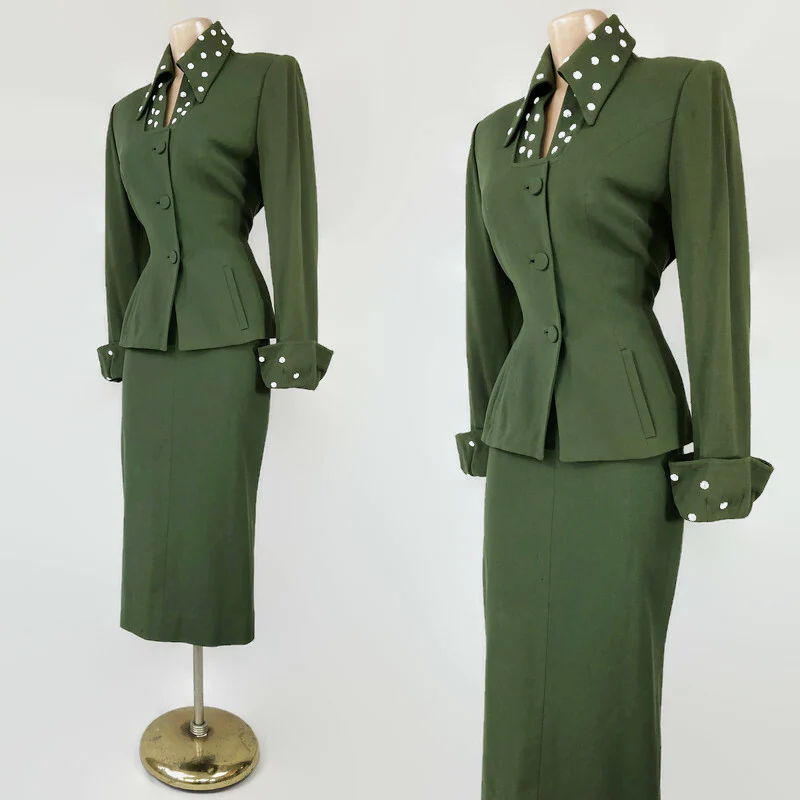 40s/50s Reserved- Vintage Wool Green Beaded Skirt Suit By Lilli Ann - Image 5
