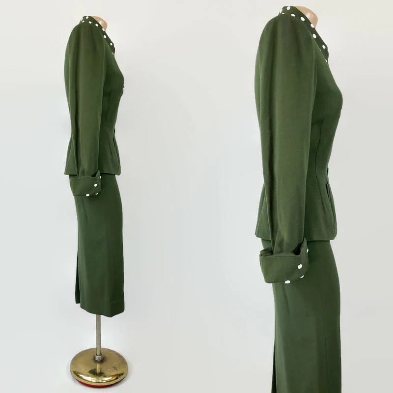 40s/50s Reserved- Vintage Wool Green Beaded Skirt Suit By Lilli Ann - Image 7