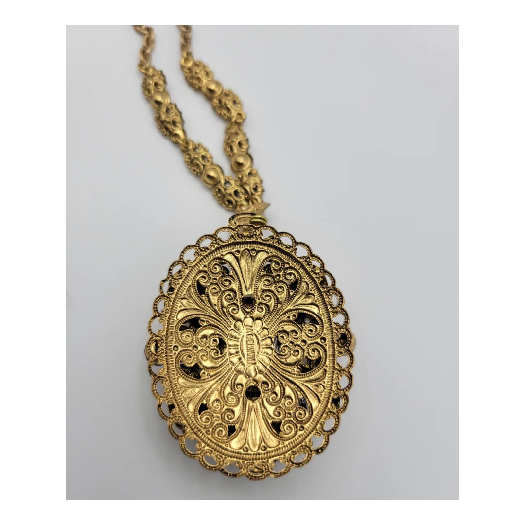 40s/50s West Germany Gold Filigree Rhinestone Necklace - Image 2