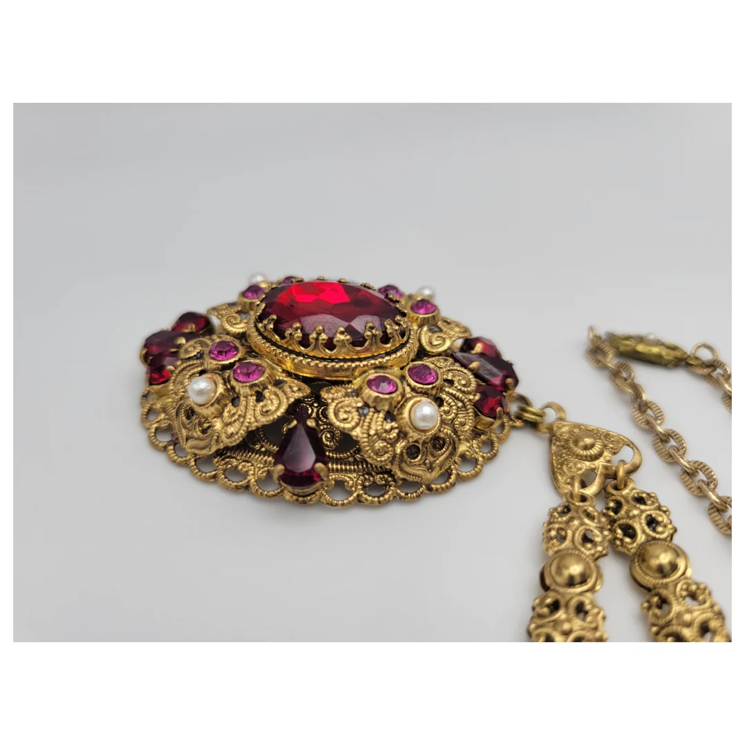 40s/50s West Germany Gold Filigree Rhinestone Necklace - Image 6