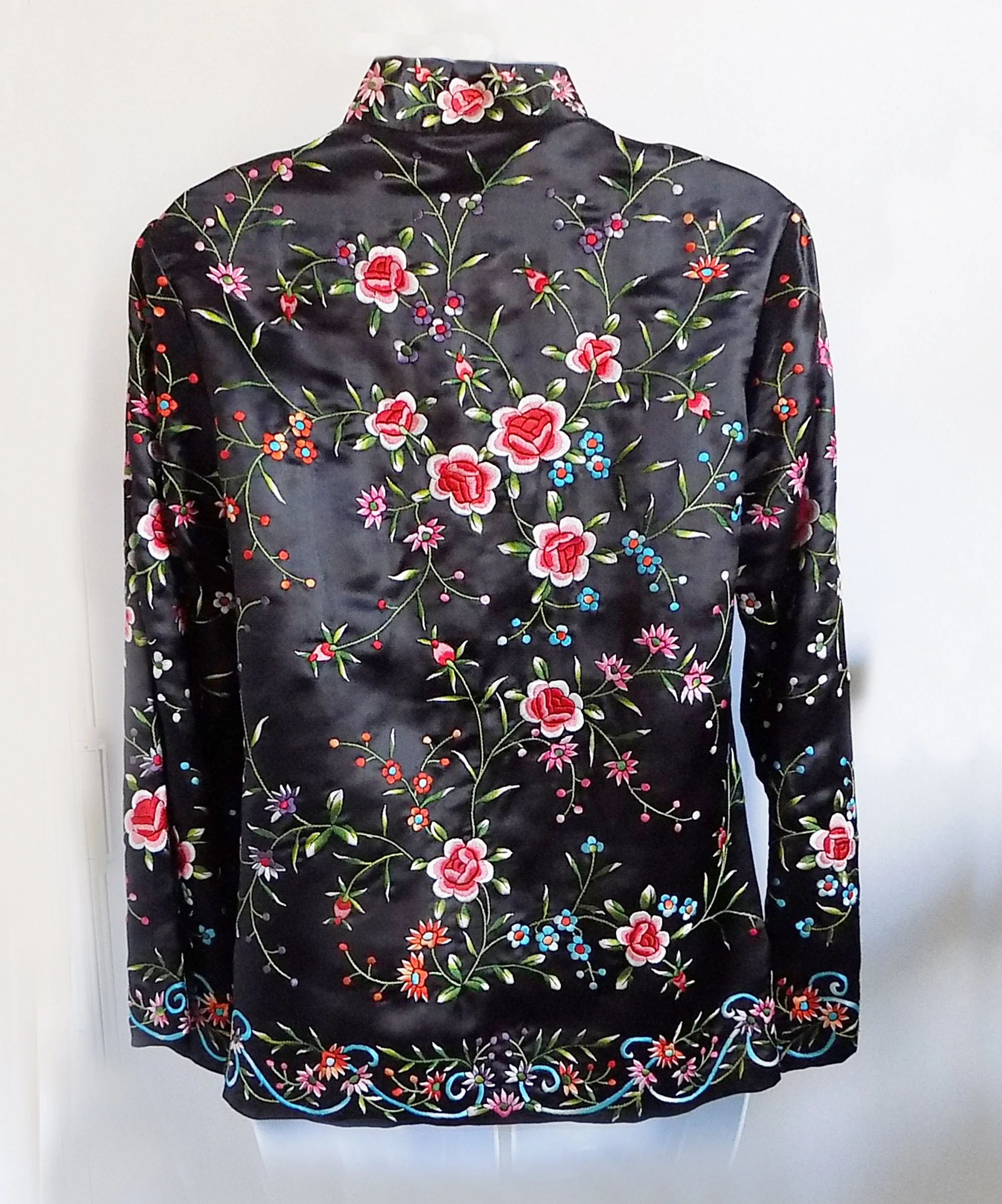 40s 70s Plum Blossom Silk Satin Jacket with Pockets Frog Closure Heavy Embroidery Red Turquoise Green White Lined by Plum Blossom - Image 2