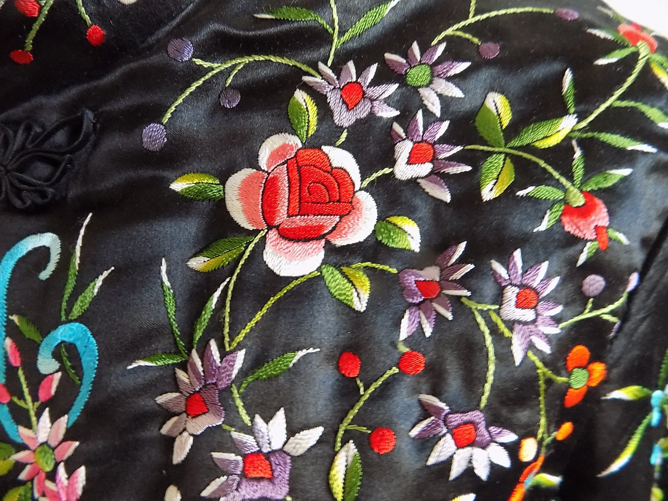 40s 70s Plum Blossom Silk Satin Jacket with Pockets Frog Closure Heavy Embroidery Red Turquoise Green White Lined by Plum Blossom - Image 5