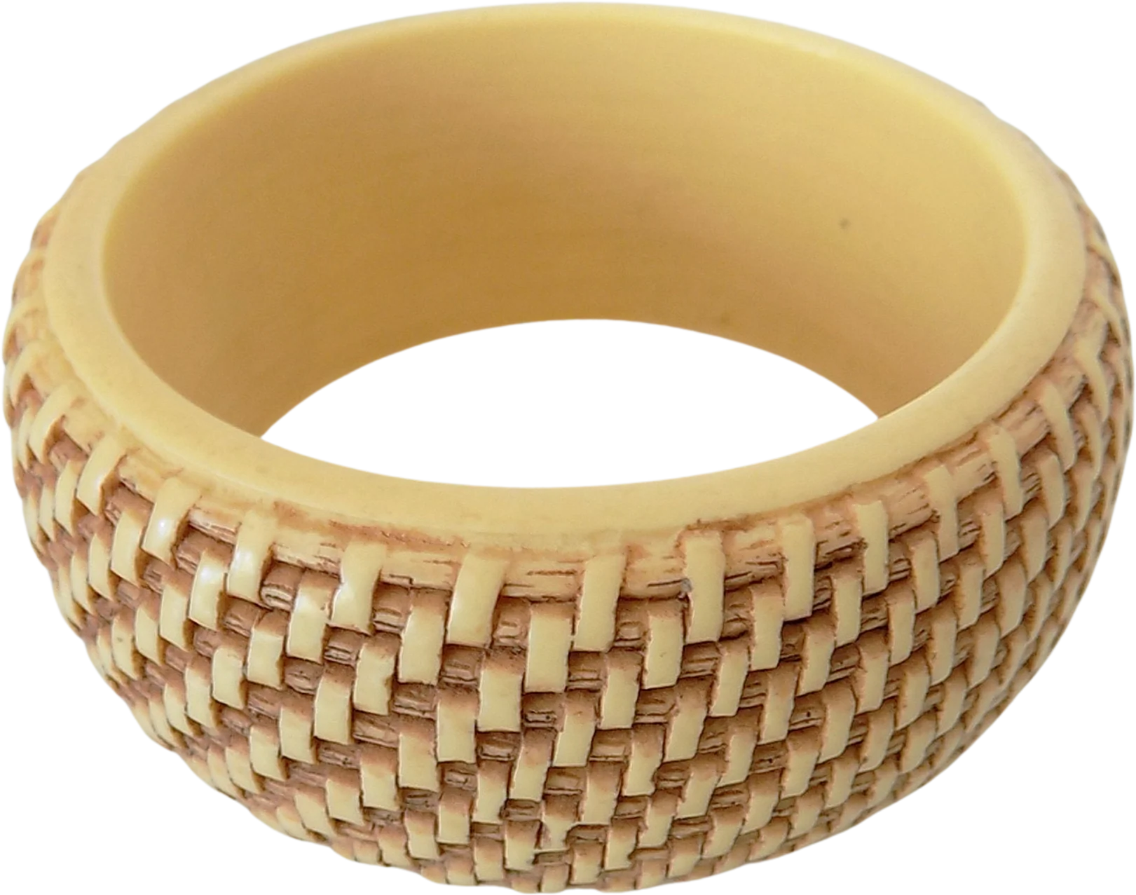40s Art Deco Bakelite Bracelet Hand Carved Basket Weave Bangle Pale Yellow Minor Chip Discounted