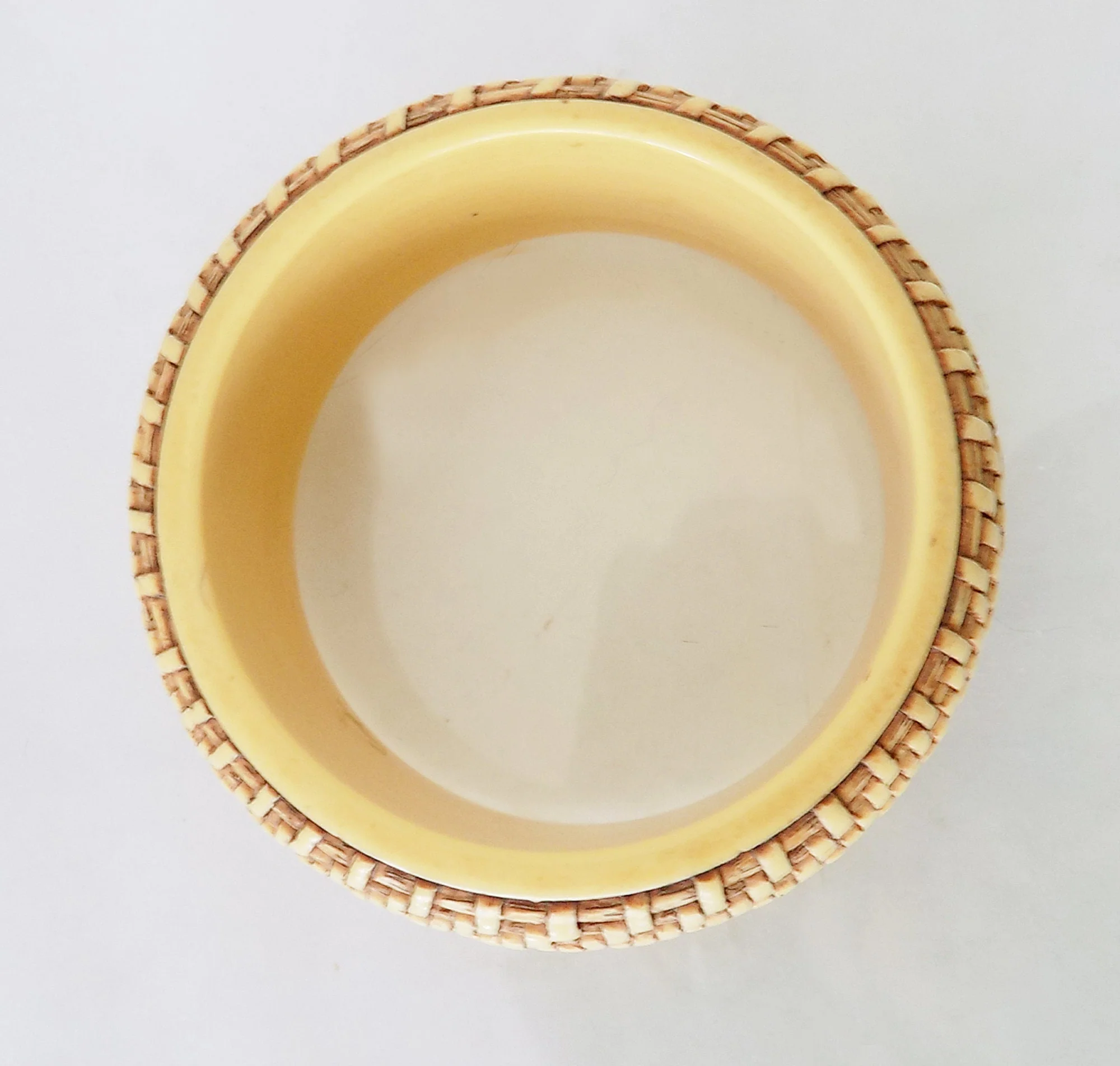 40s Art Deco Bakelite Bracelet Hand Carved Basket Weave Bangle Pale Yellow Minor Chip Discounted - Image 3