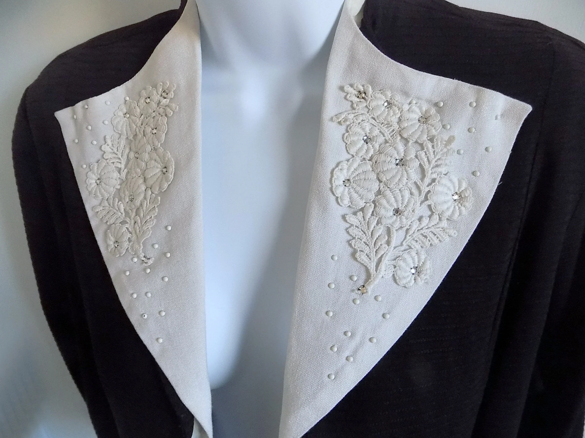40s Art Deco Black Twill Cotton Bolero Jacket with White Collar That Has Embroidered Floral Motif with Rhinestones Below Elbow Sleeves - Image 2
