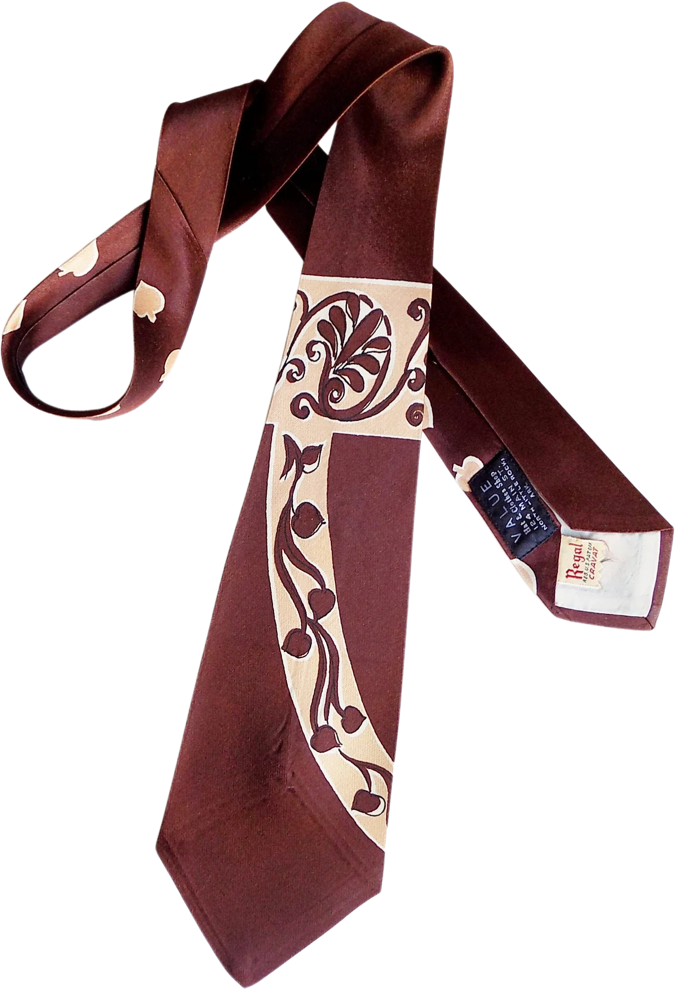 40s Art Deco Brown and Coral Necktie with Leaf Design Regal Cravat Wide Leaf Motif Value Clothes Shop Little Rock Arkansas