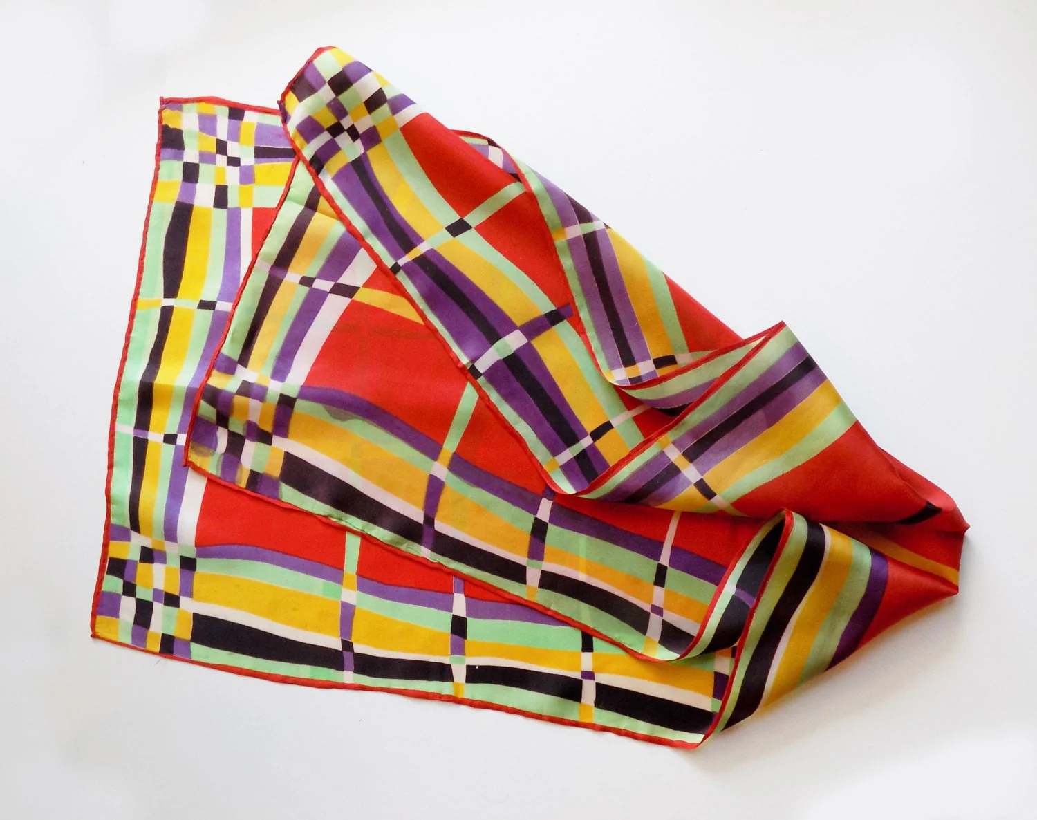 40s Art Deco Plaid Silk Rayon Scarf - Image 5