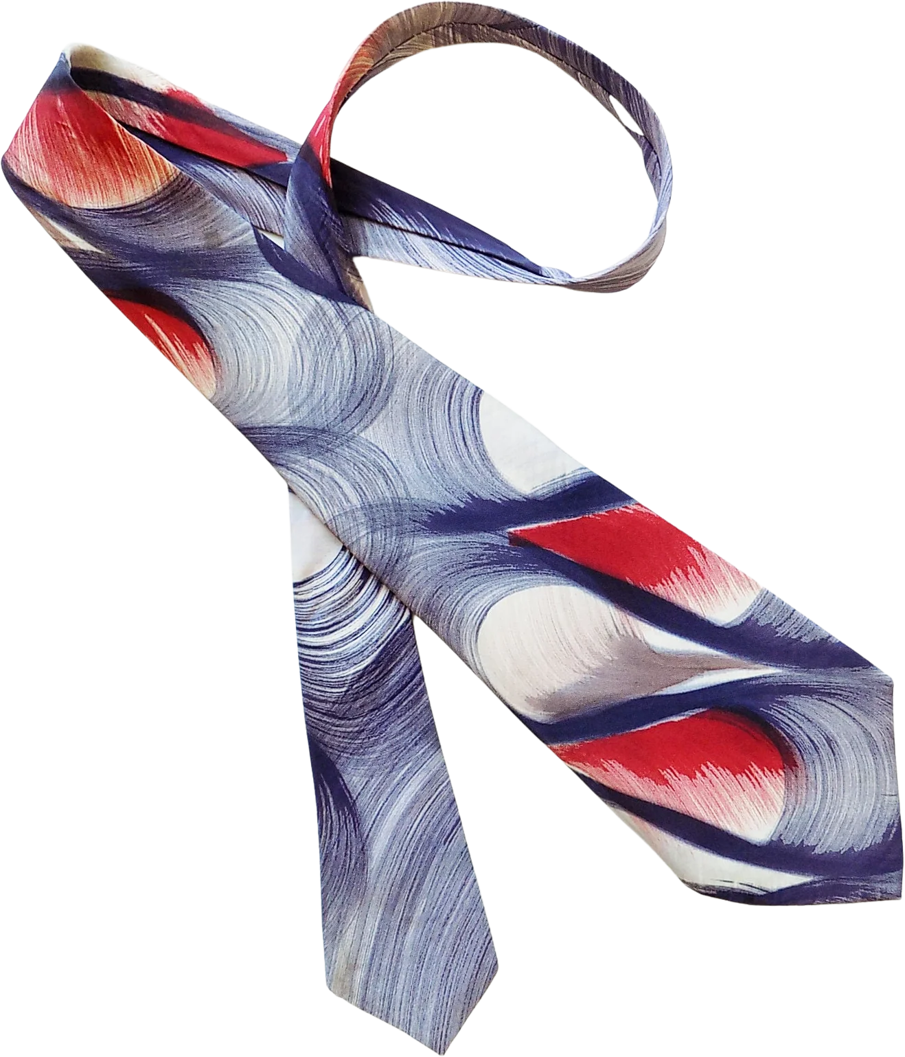 40s Art Deco Red White, Blue, Purple, Gray Hand Painted Wide Necktie Wide Rayon Hengerer's Department Store by Hengerer's Department Store