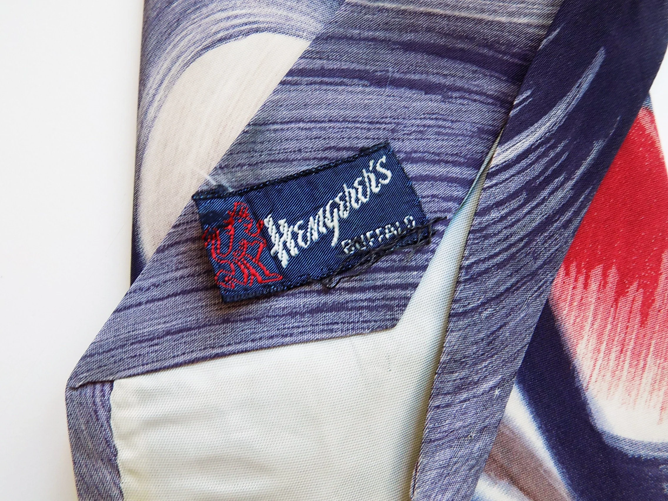 40s Art Deco Red White, Blue, Purple, Gray Hand Painted Wide Necktie Wide Rayon Hengerer's Department Store by Hengerer's Department Store - Image 2