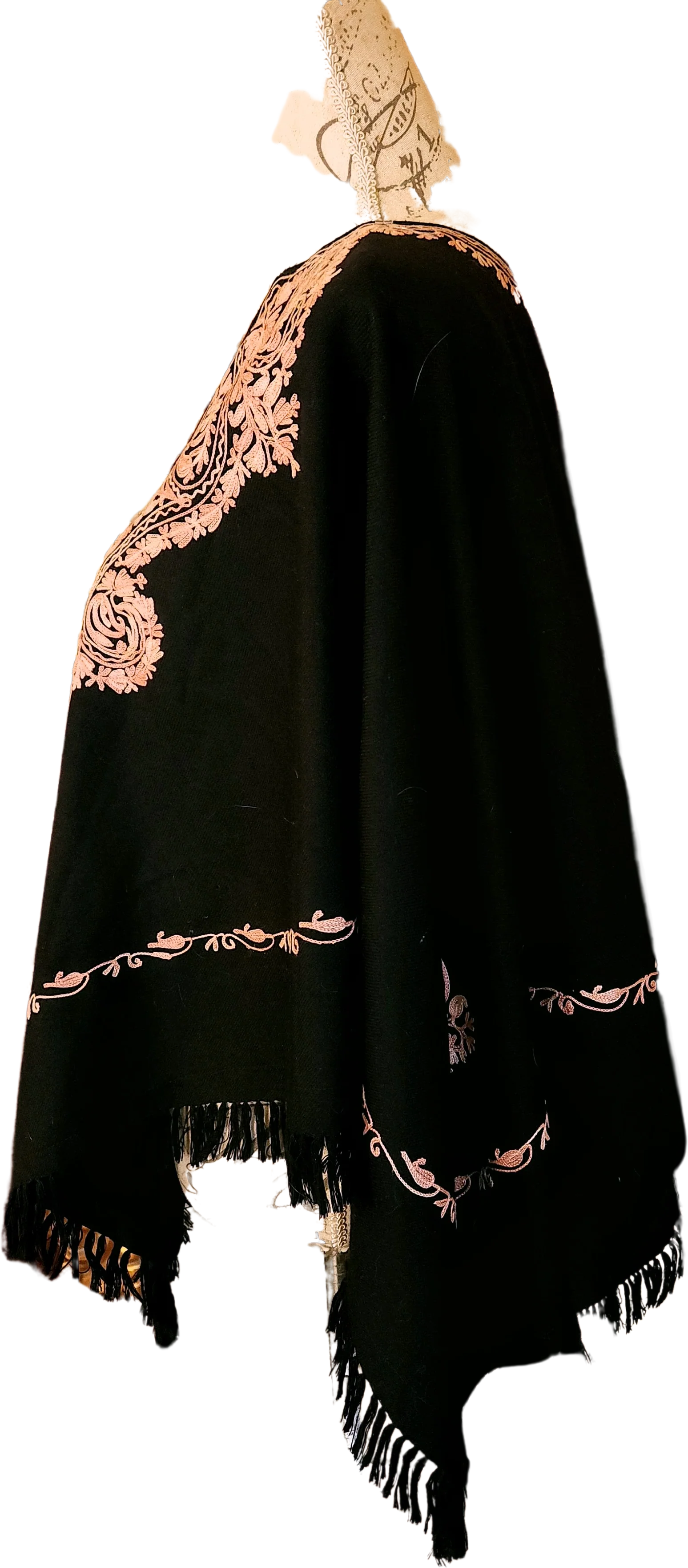 40s Black And Pink Rayon/silk Ribbon Detail Poncho - Image 3