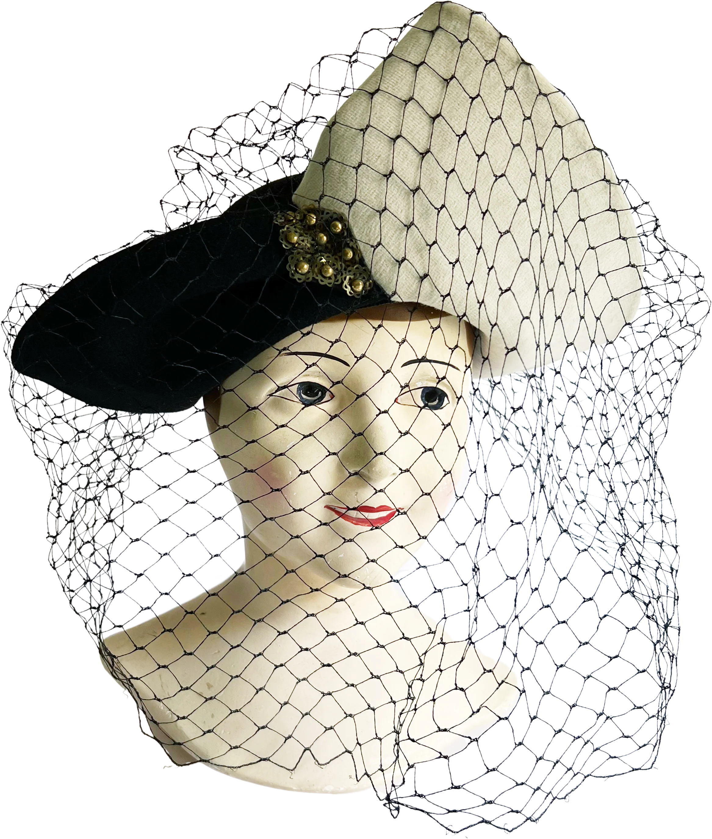 40s Black And White Wool Felt Sculptural Hat With Veil