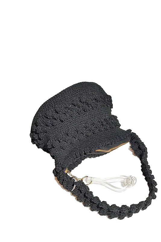 40s Black Crocheted Cord Top Handle Bag Lucite Pull - Image 4