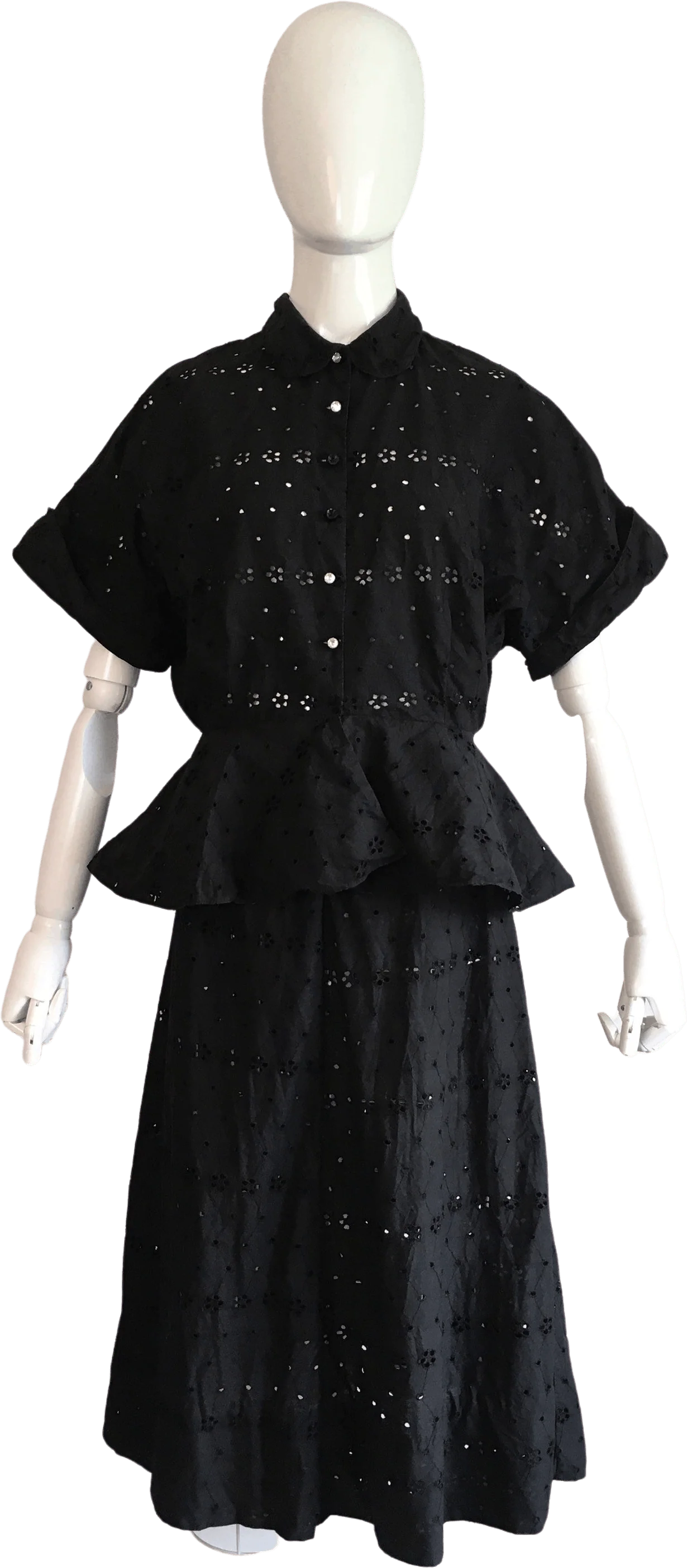 40's Black Eyelet Peplum Blouse and Skirt Set