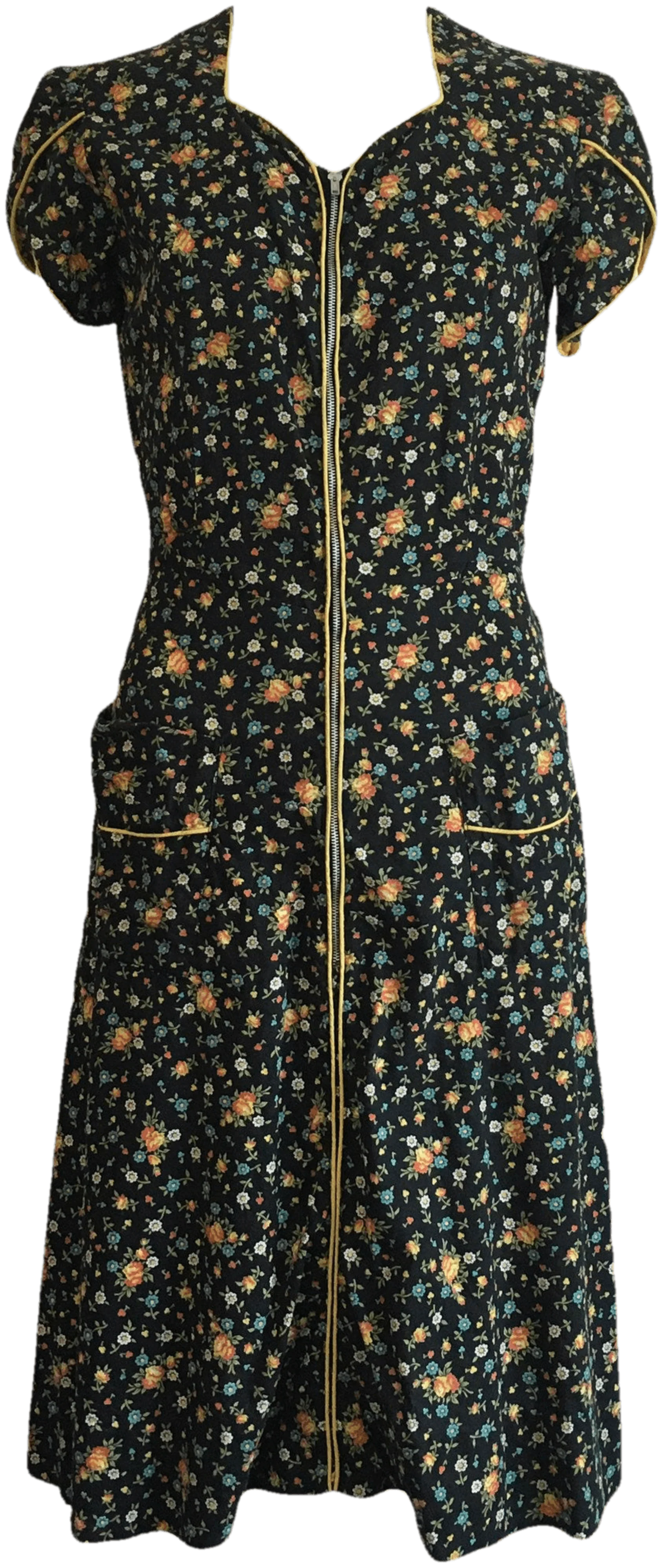 40's Black Floral Print Zip Front House Dress with Yellow Trim by Faithful Frocks