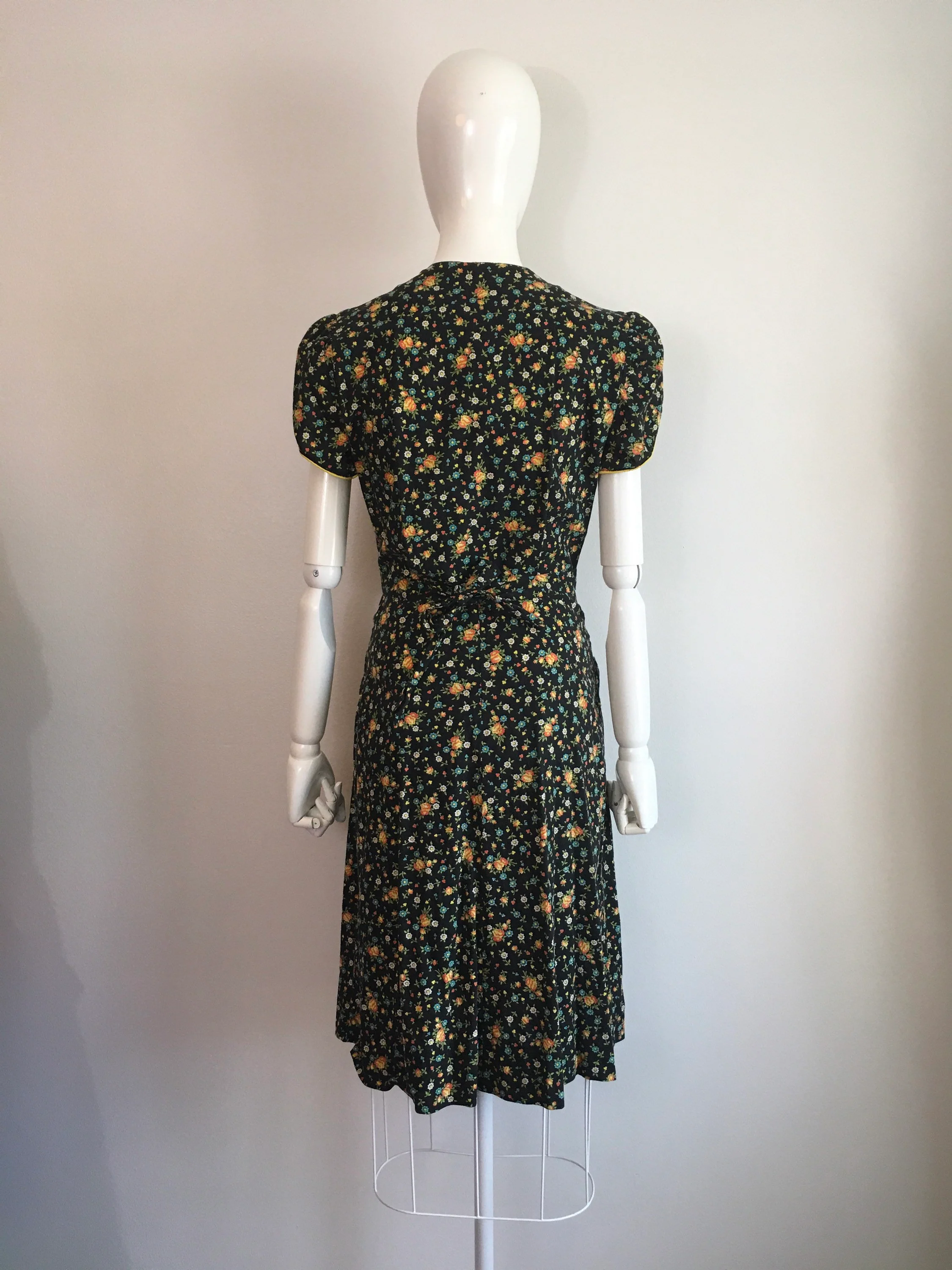 40's Black Floral Print Zip Front House Dress with Yellow Trim by Faithful Frocks - Image 2