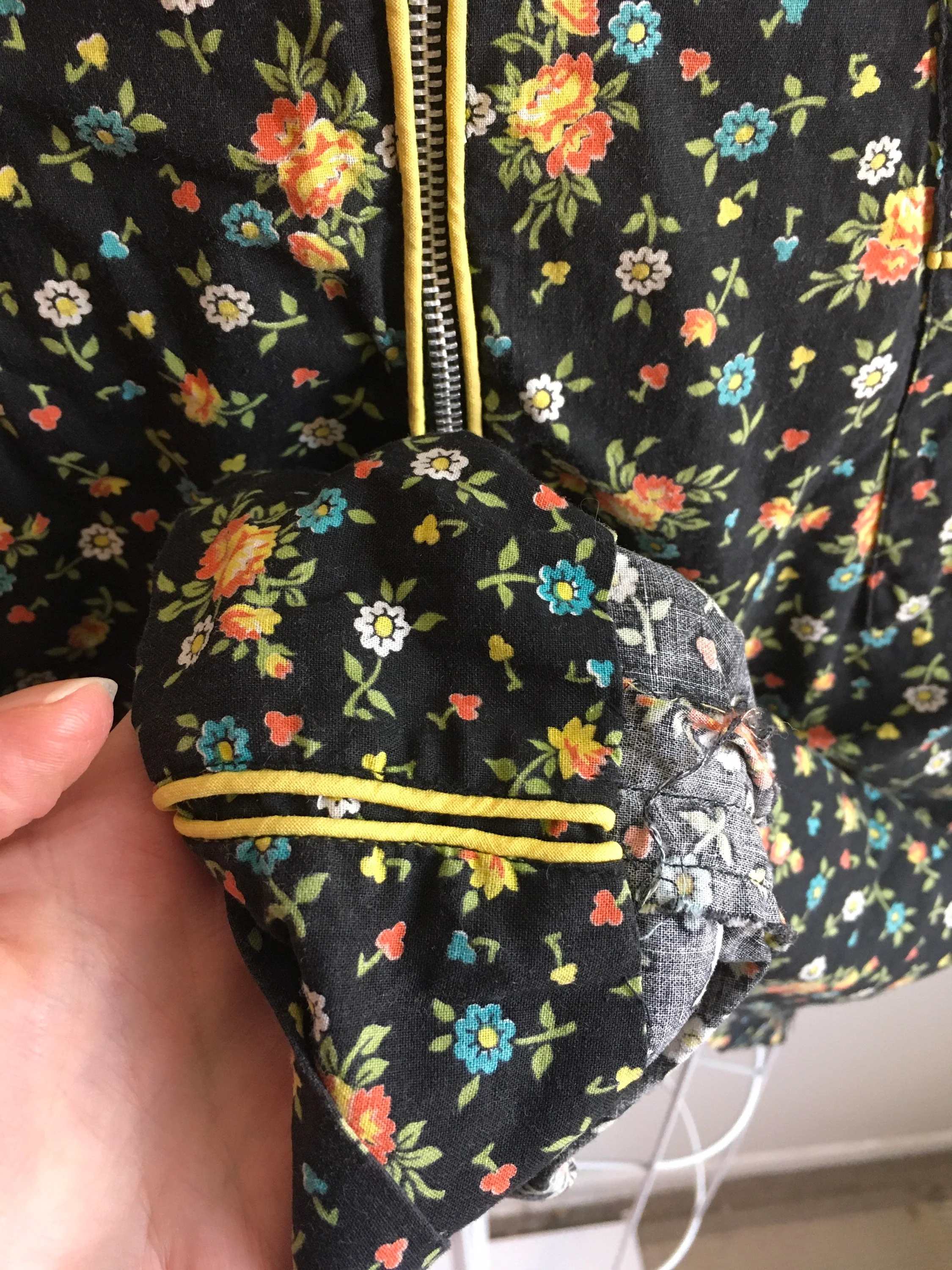 40's Black Floral Print Zip Front House Dress with Yellow Trim by Faithful Frocks - Image 6