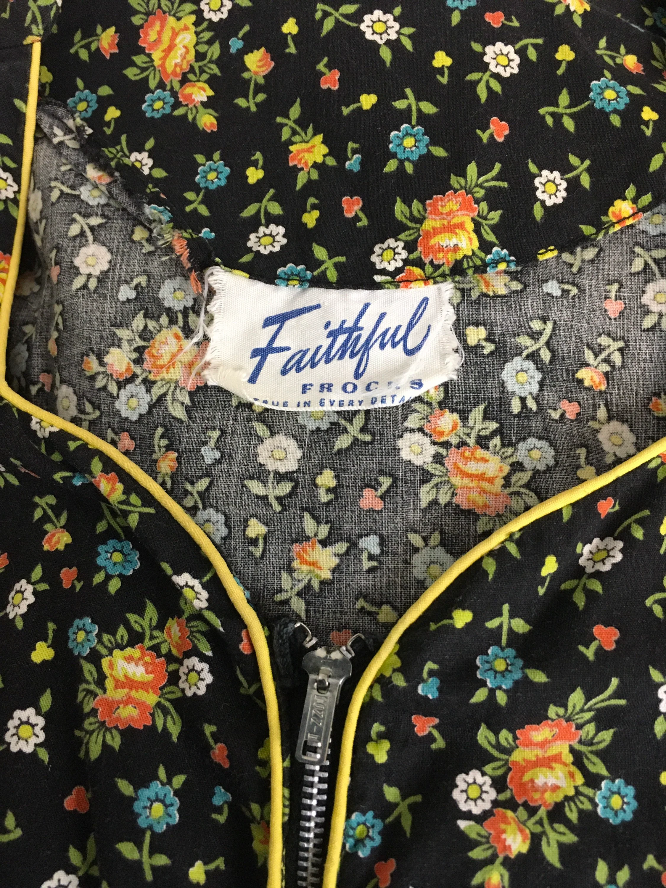 40's Black Floral Print Zip Front House Dress with Yellow Trim by Faithful Frocks - Image 7