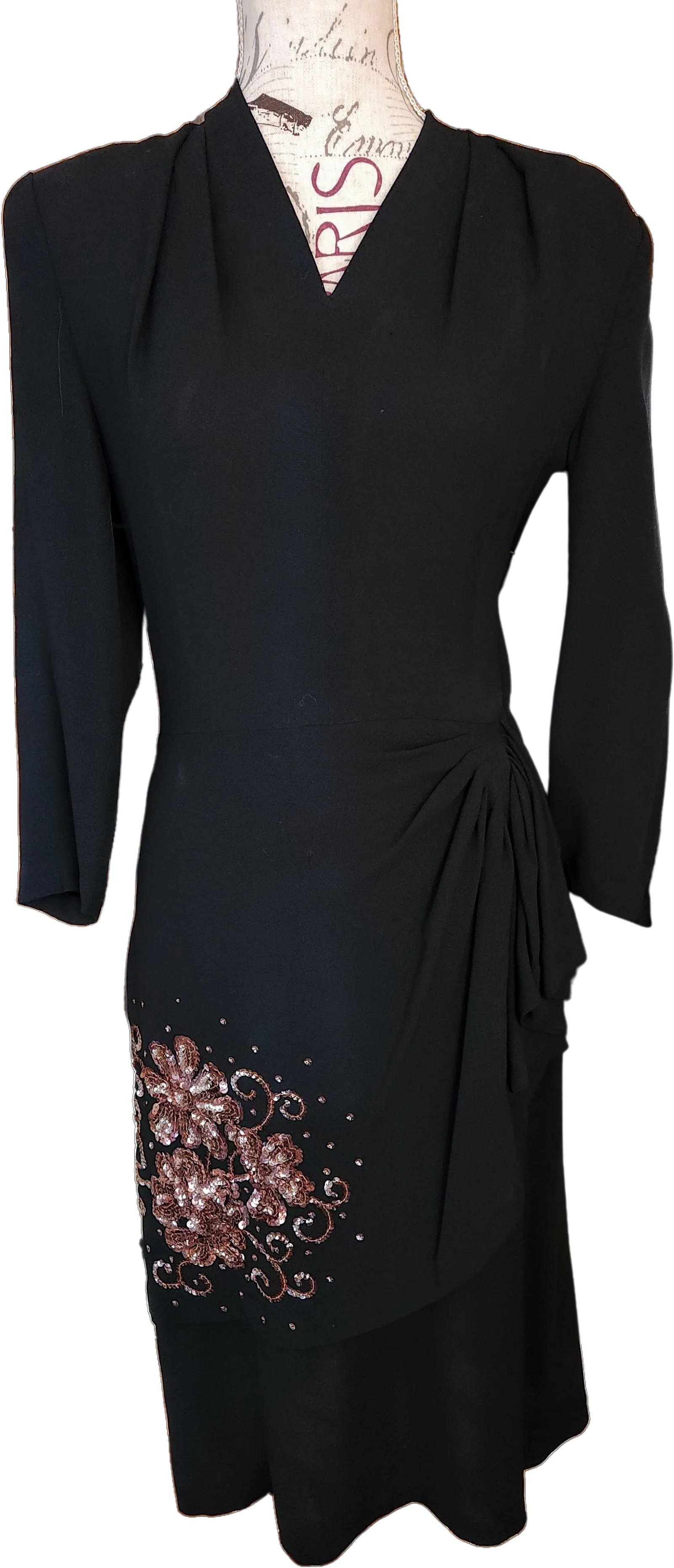 40s Black Peplum Dress With Copper Sequin Detail By Beth Paige Original
