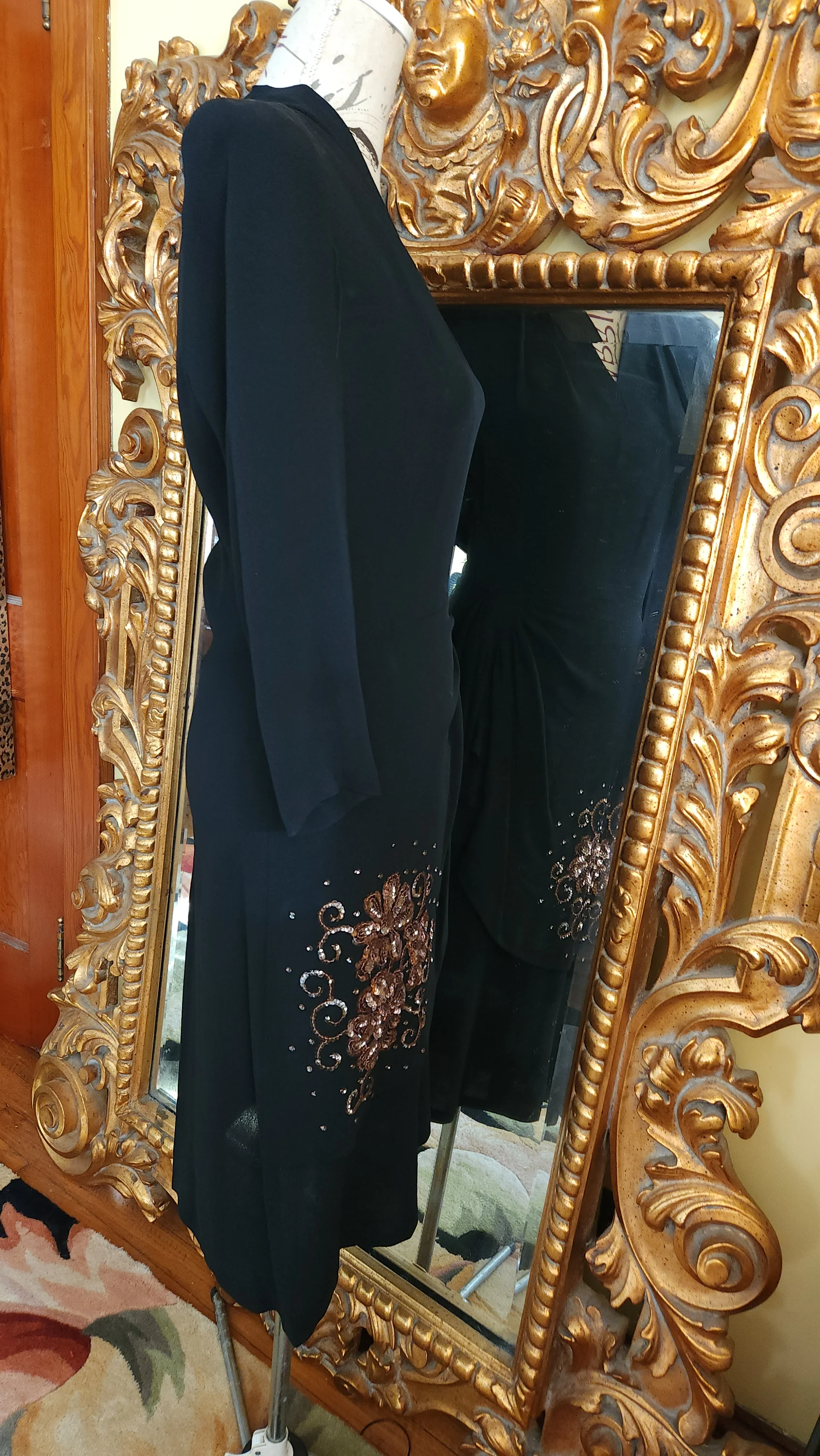 40s Black Peplum Dress With Copper Sequin Detail By Beth Paige Original - Image 3