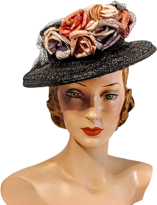 40s Black Straw Brimmed Tilt Hat With Large Roses