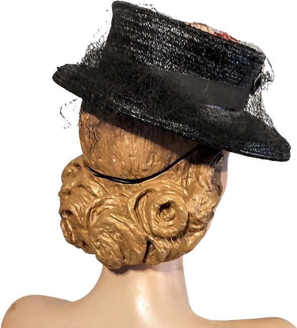 40s Black Straw Brimmed Tilt Hat With Large Roses - Image 2