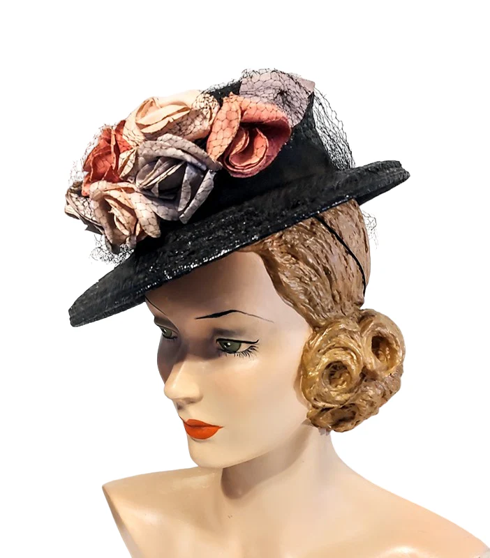 40s Black Straw Brimmed Tilt Hat With Large Roses - Image 4