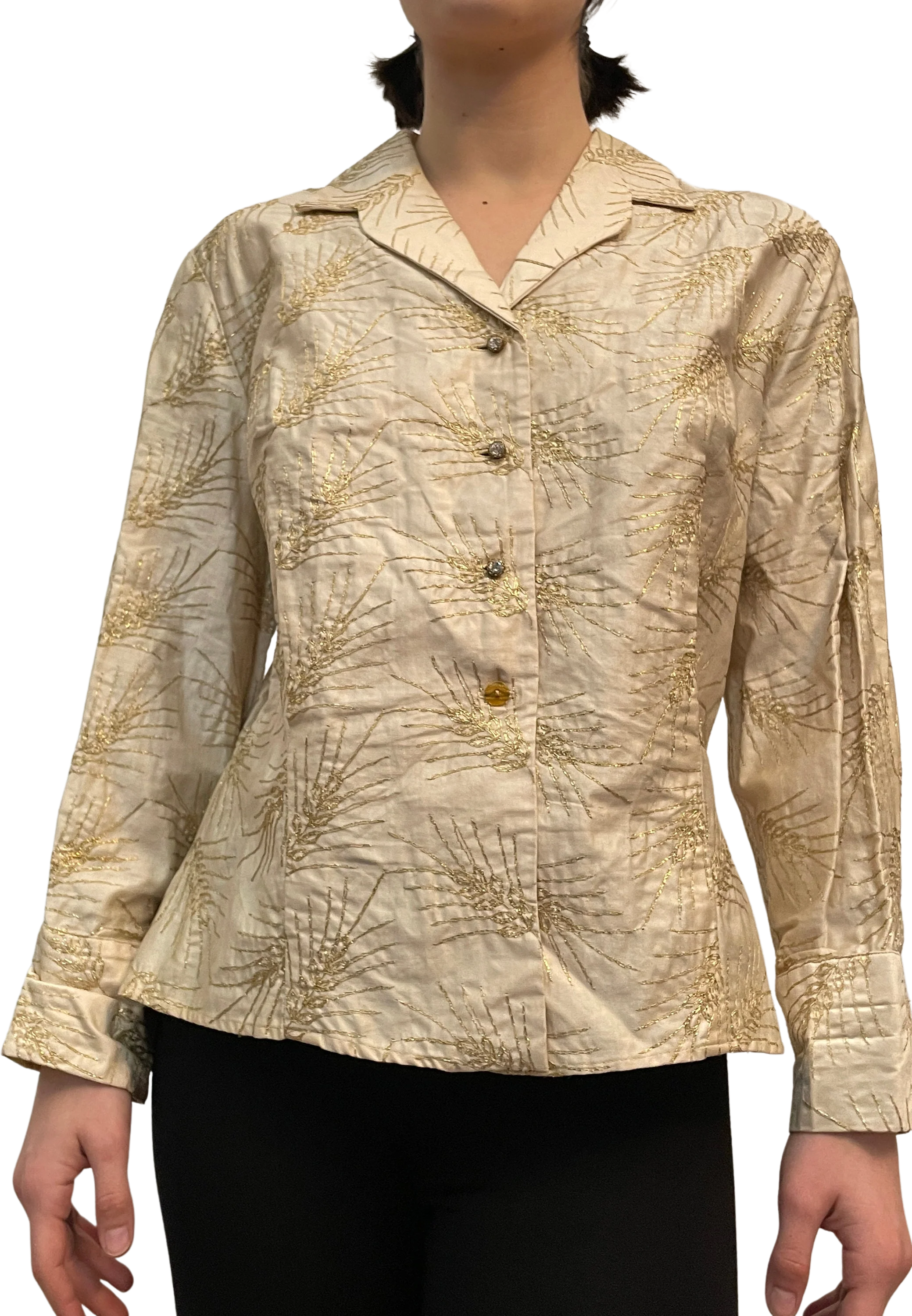 40s Blouse Rare Saréze of Miami Originals Cream with Gold Threads of Wheat Motif Blouse