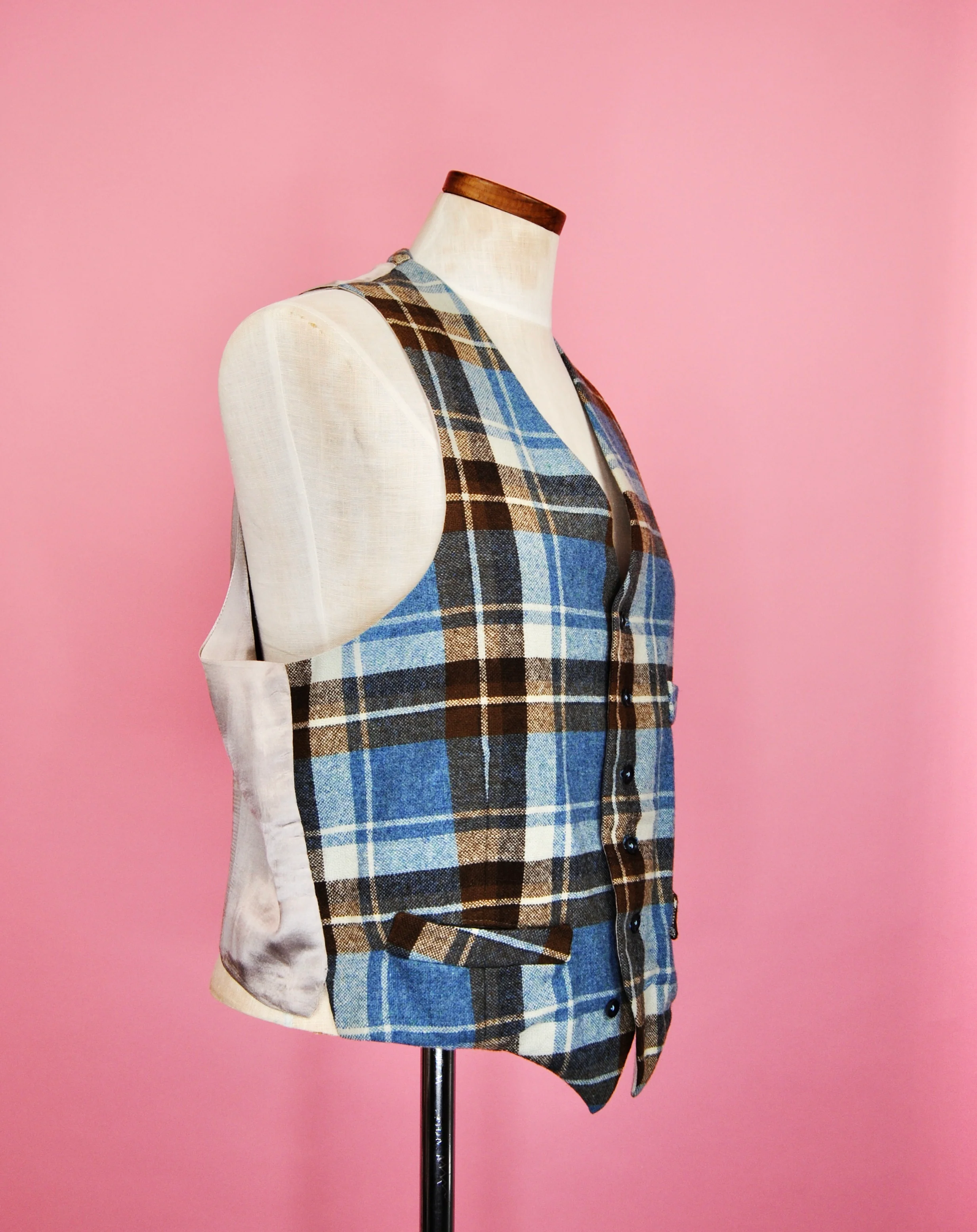 40s Blue And Brown Plaid Wool And Silk Vest - Image 3
