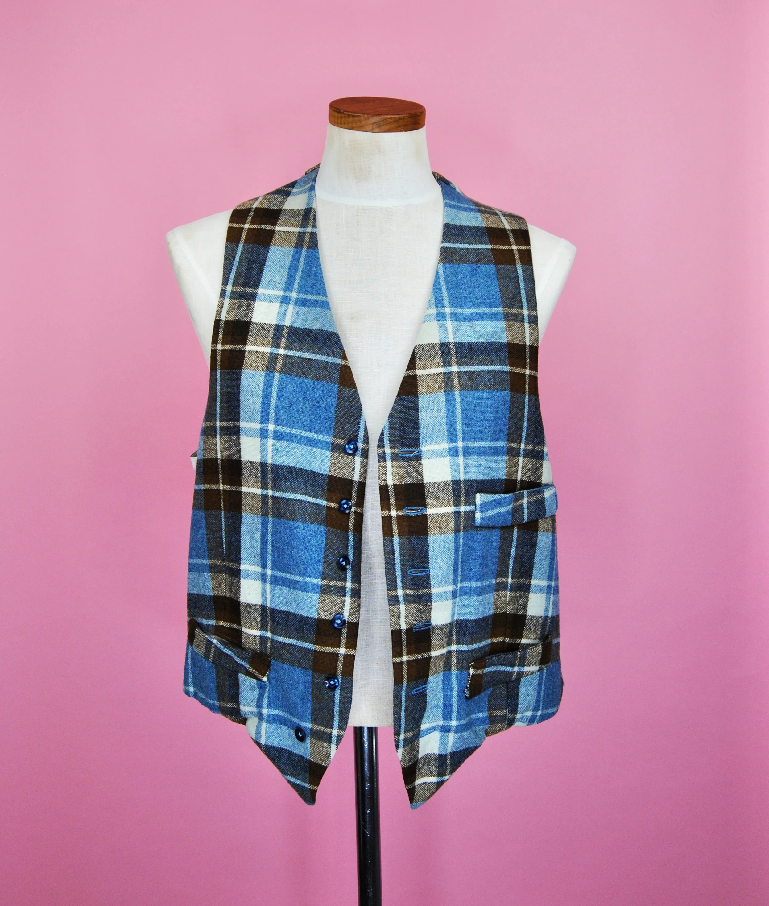 40s Blue And Brown Plaid Wool And Silk Vest - Image 4