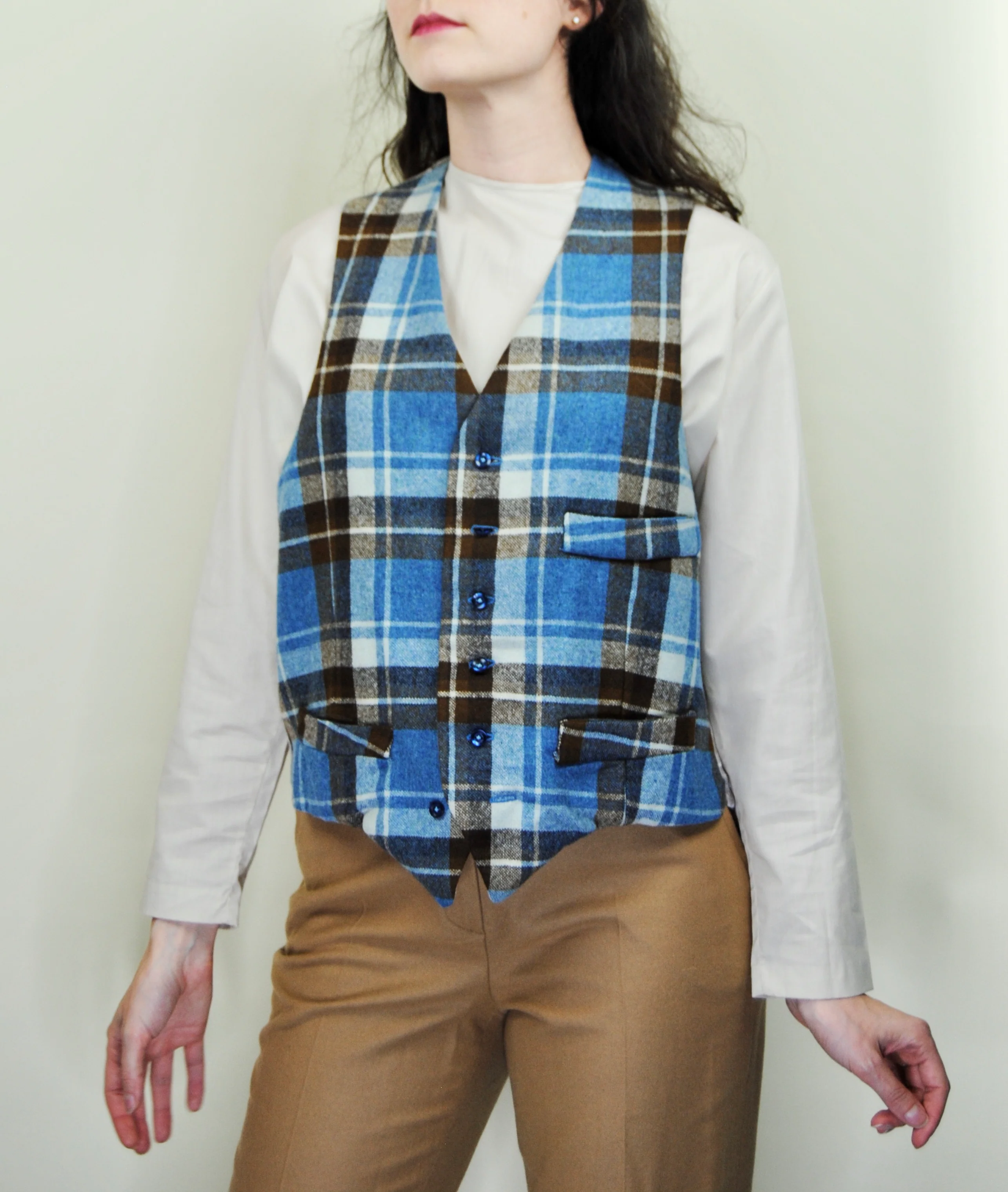 40s Blue And Brown Plaid Wool And Silk Vest - Image 5